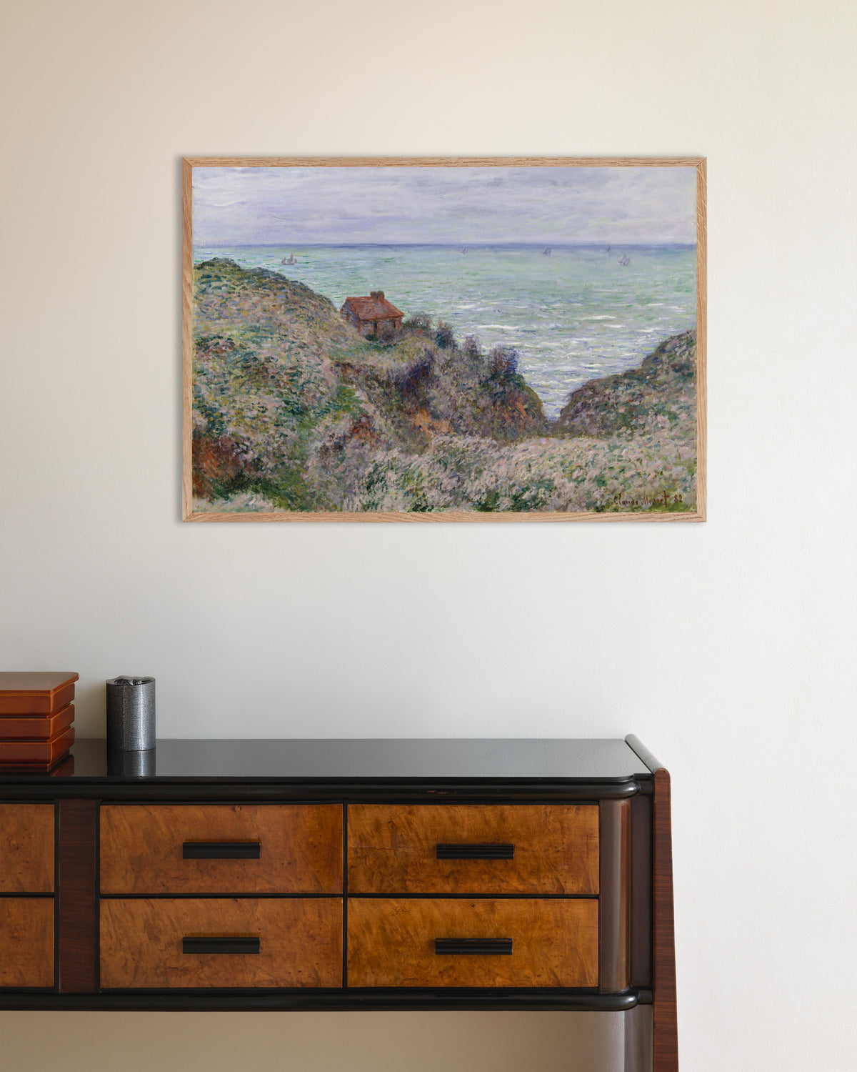 Plakat Chata celnika (1882), Claude Monet, w ramie z naturalnego drewna