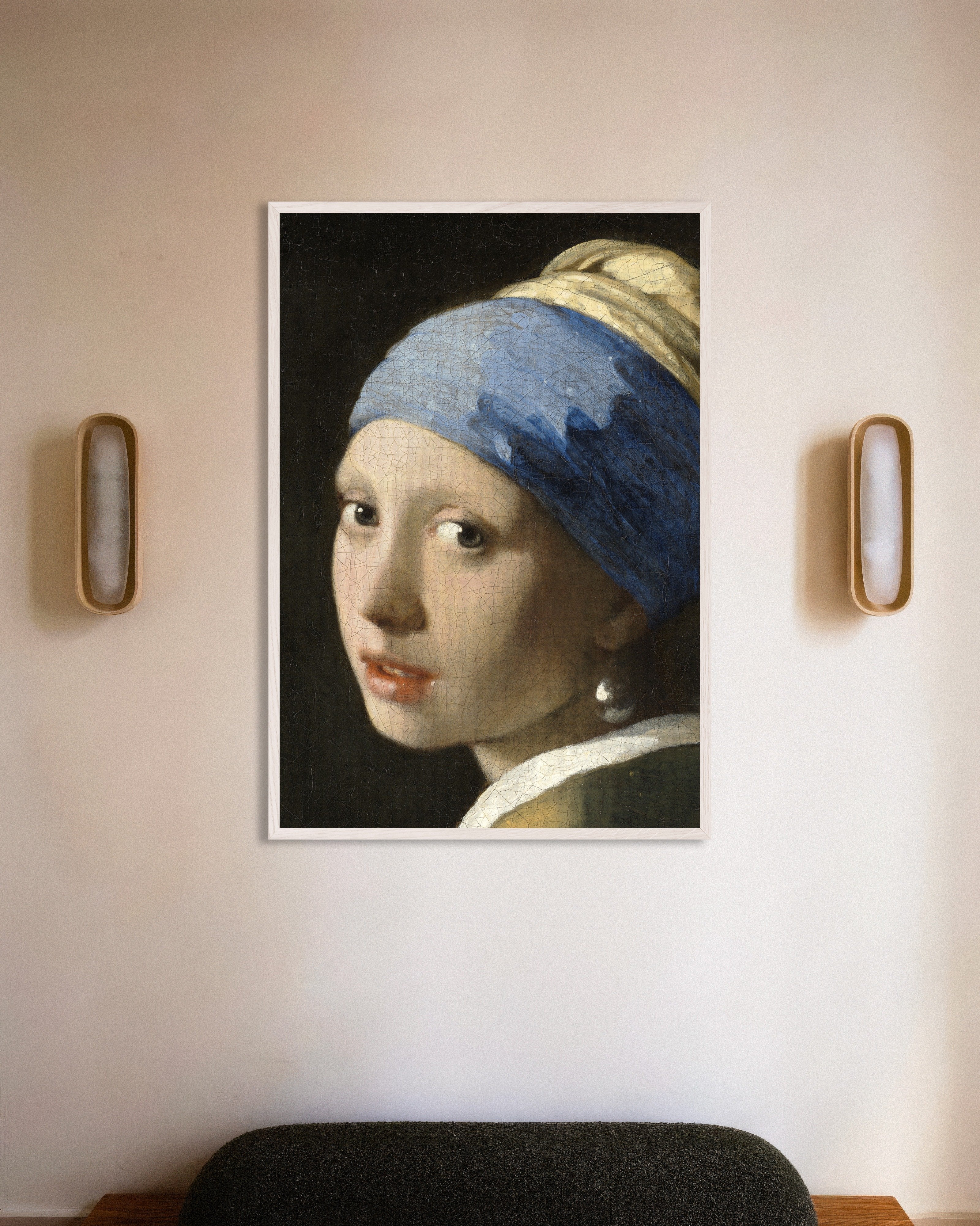 Poster of The Face - Vermeer Girl with a Pearl Earring Detail Poster, with white wooden frame
