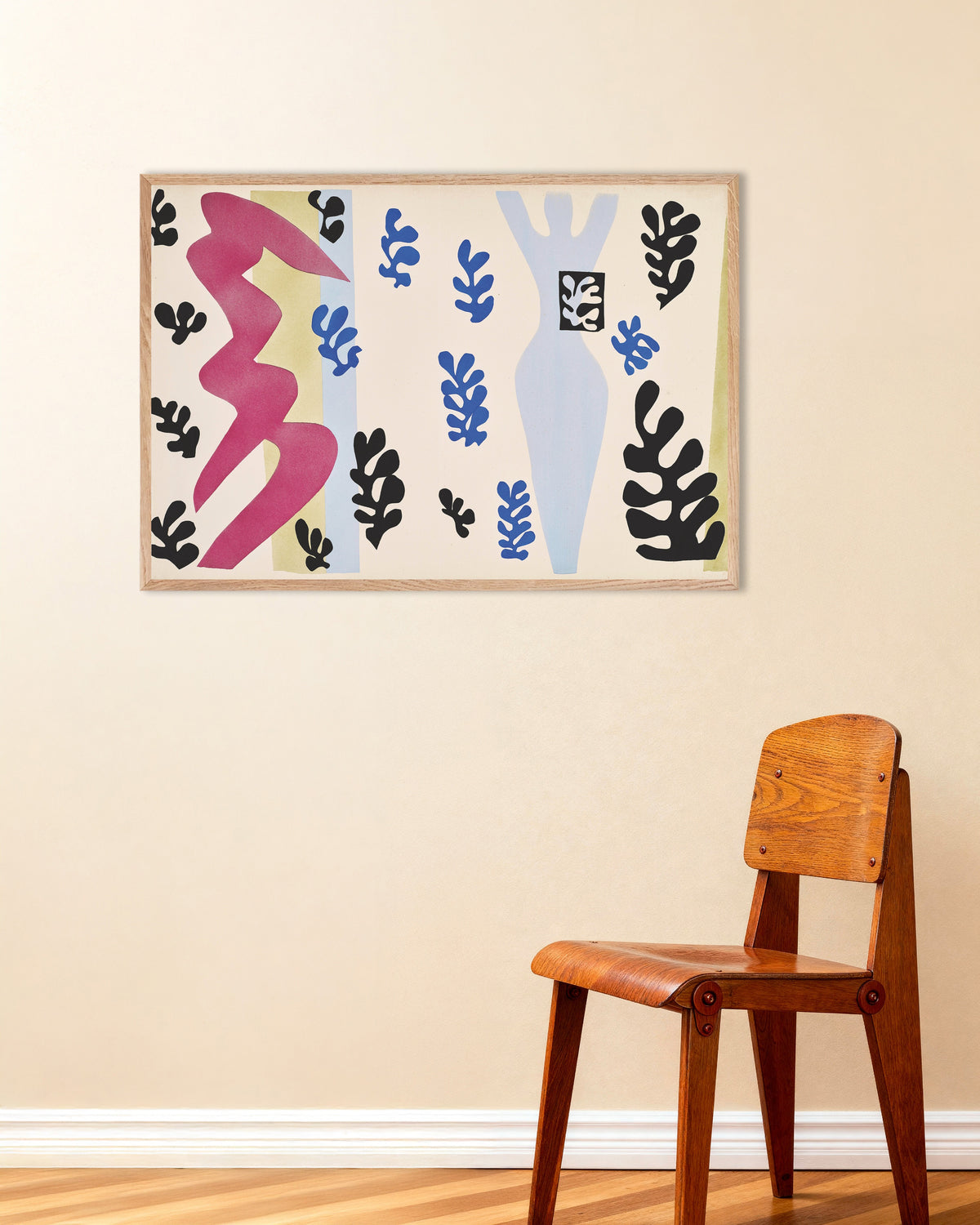 Plakat „Rzucający nożami (Jazz, 1947) Henri Matisse’a” w ramie z naturalnego drewna