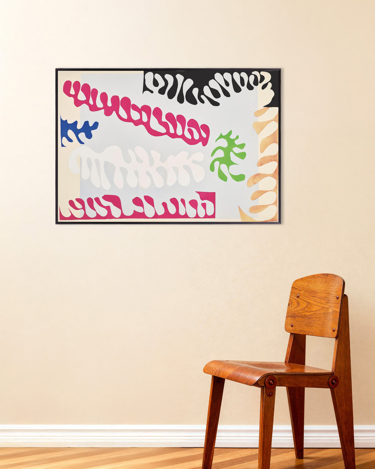 Plakat Laguna w różu i bieli (Jazz, 1947) autorstwa Henri Matisse’a, w metalowej ramie