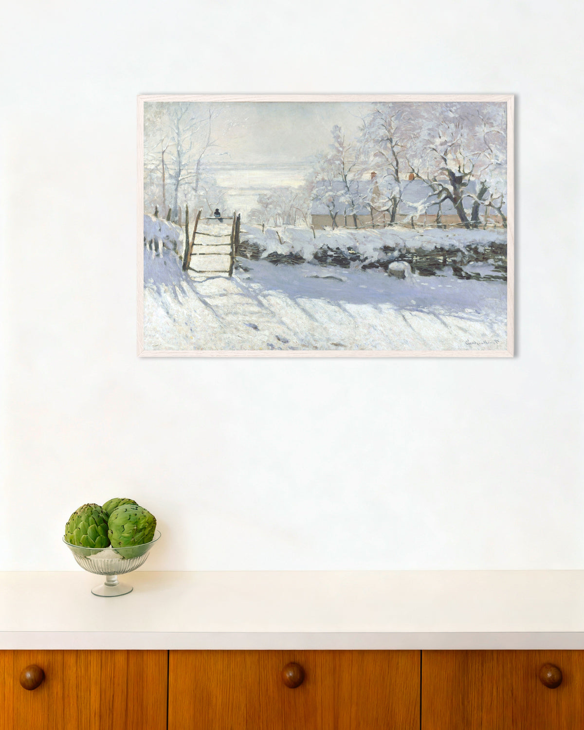 Plakat Sroka (1868–1869), Claude Monet, w białej drewnianej ramie