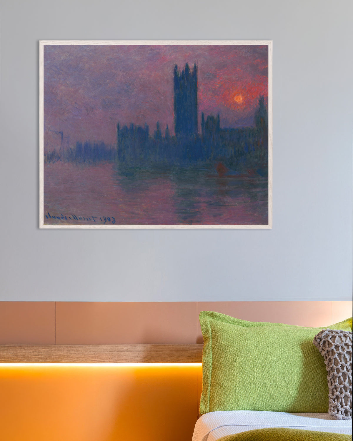 Plakat Parlament, zachodzące słońce (1900–1903), Claude Monet, w białej drewnianej ramie