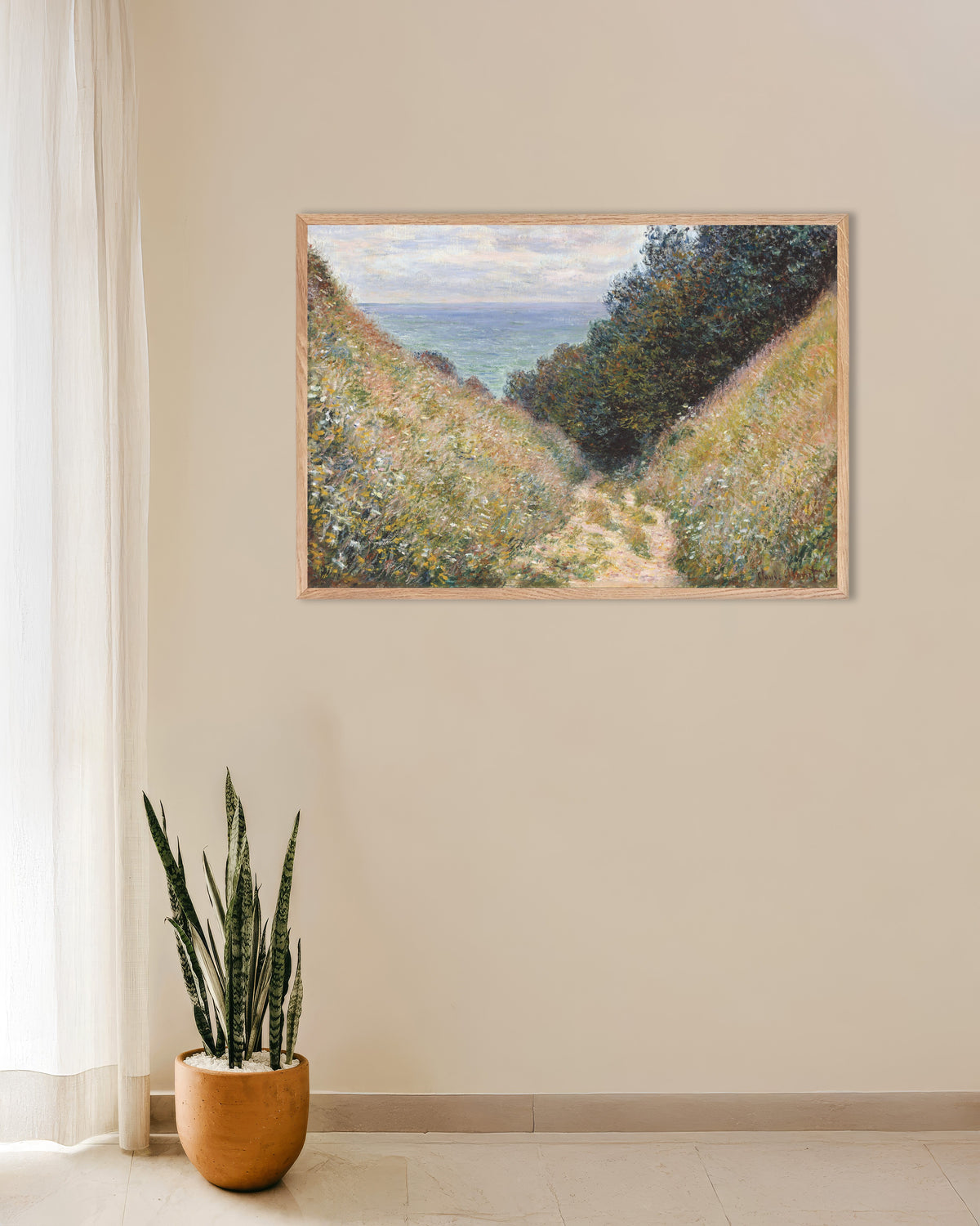 Plakat Ścieżka w La Cavée, Pourville (1882), Claude Monet, w ramie z naturalnego drewna
