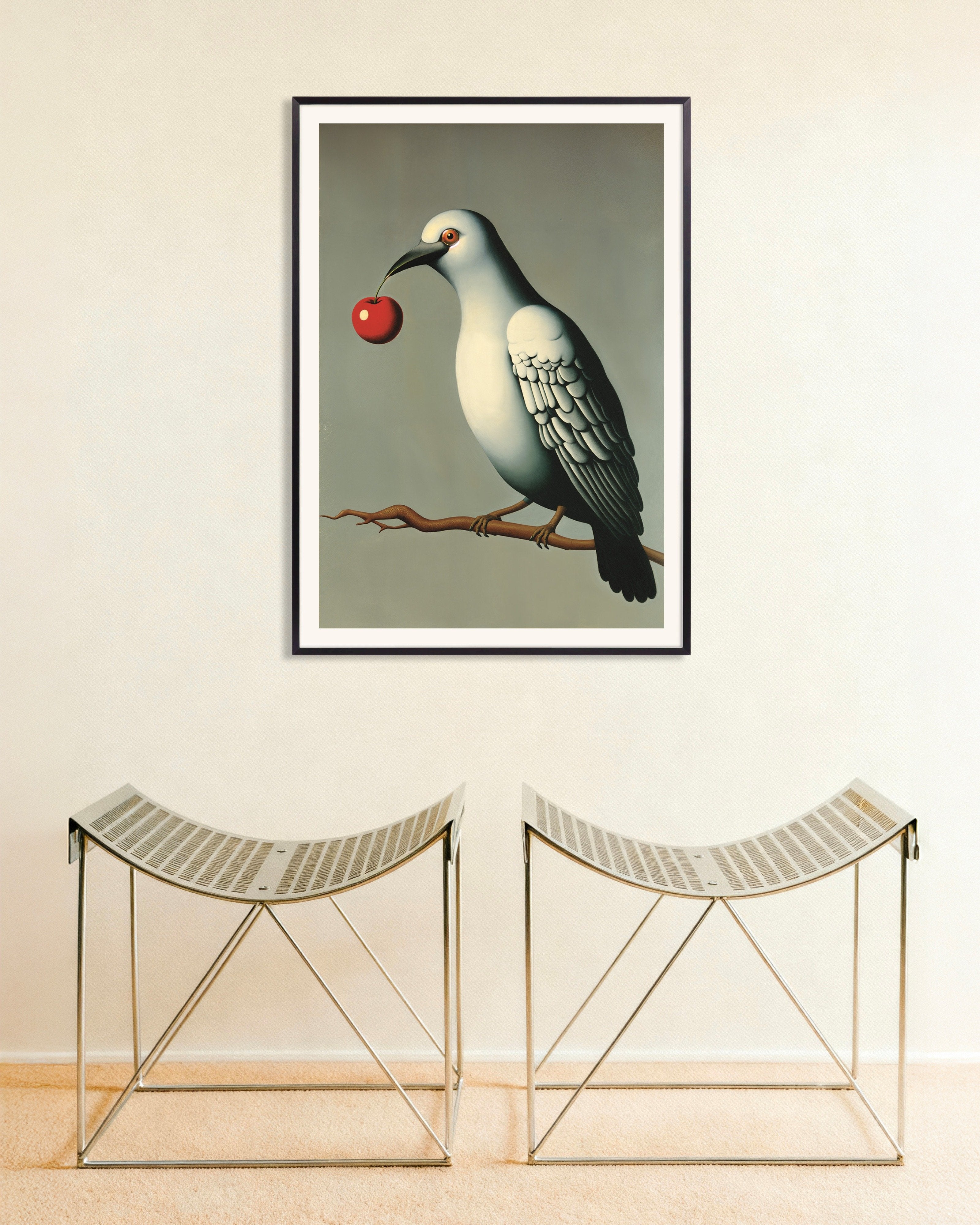 Poster of The Pigeon and the Cherry - Homage to Magritte, with metal frame