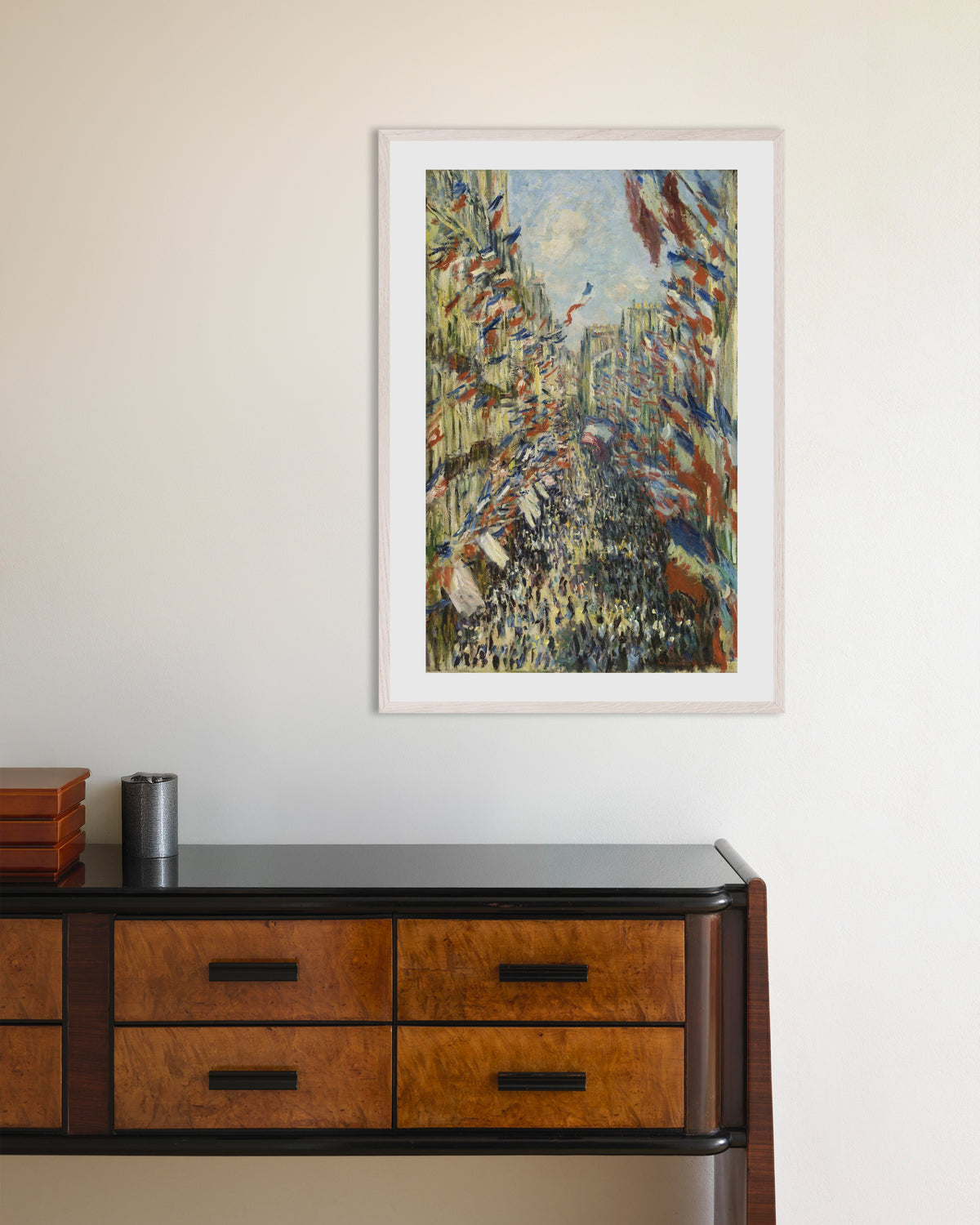 Plakat Ulica Montorgueil w Paryżu, święto 30 czerwca 1878, Claude Monet, w białej drewnianej ramie