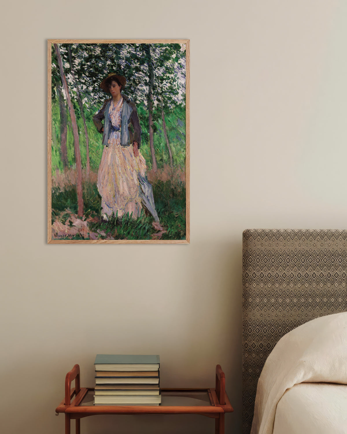 Plakat Spacerowiczka, Suzanne Hoschedé (1887), Claude Monet, w ramie z naturalnego drewna