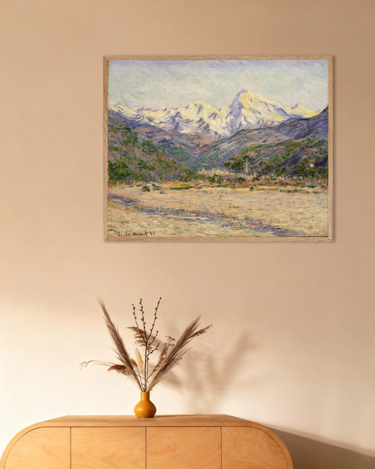 Plakat Dolina Nervii (1884), Claude Monet, w ramie z naturalnego drewna
