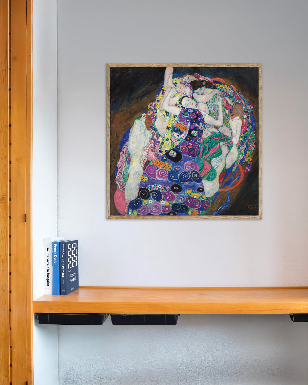 Plakat Dziewica (1913), Gustav Klimt, w ramie z naturalnego drewna