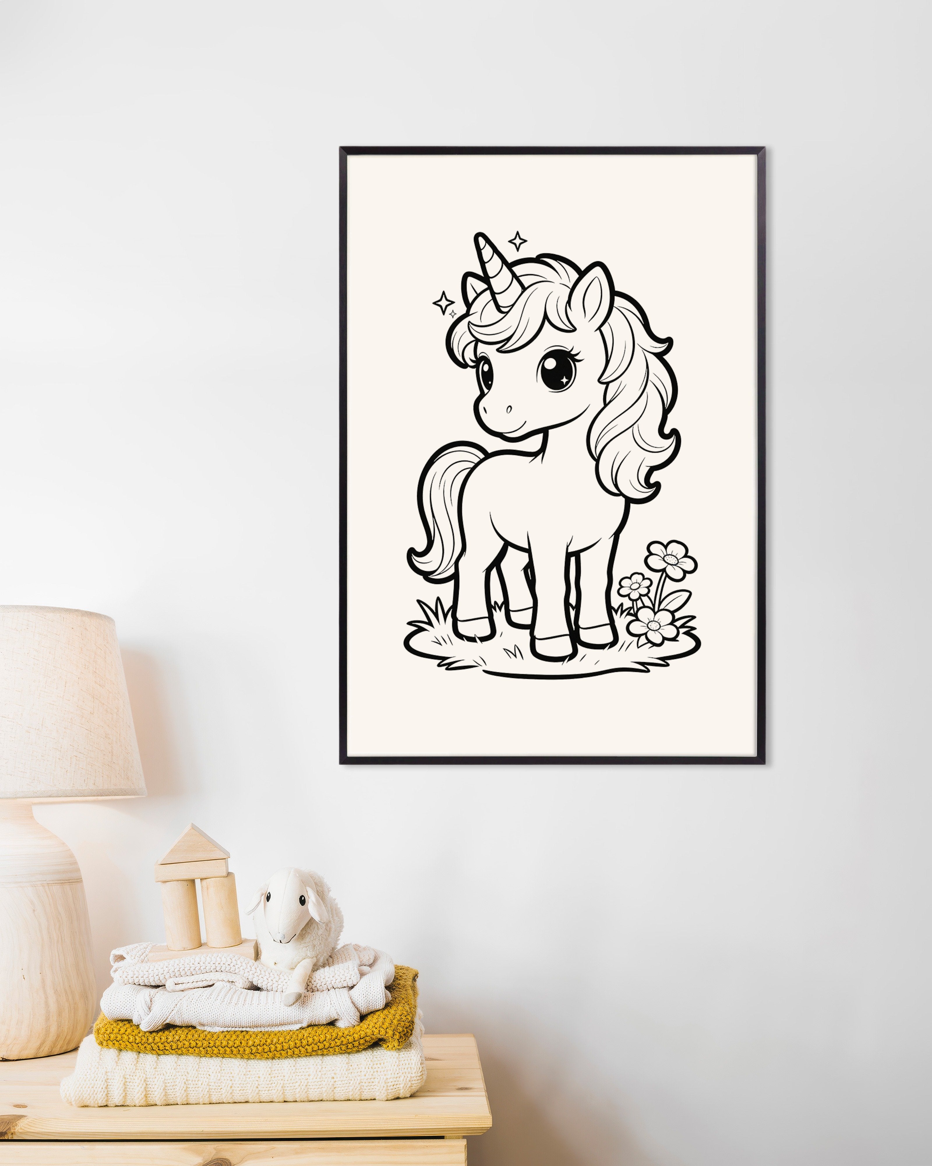 Poster of Unicorn coloring page for kids, with metal frame