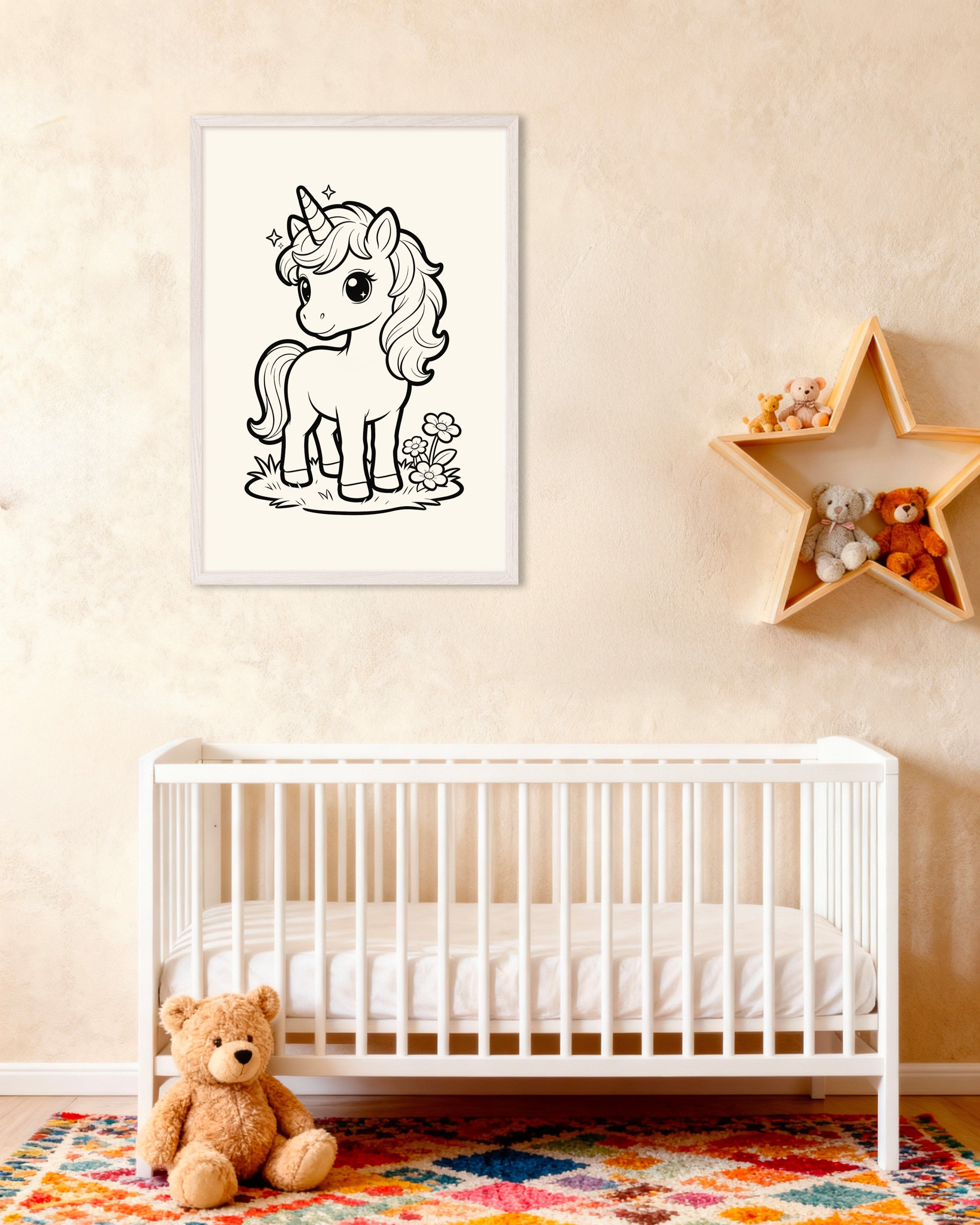 Poster of Unicorn coloring page for kids, with white wooden frame