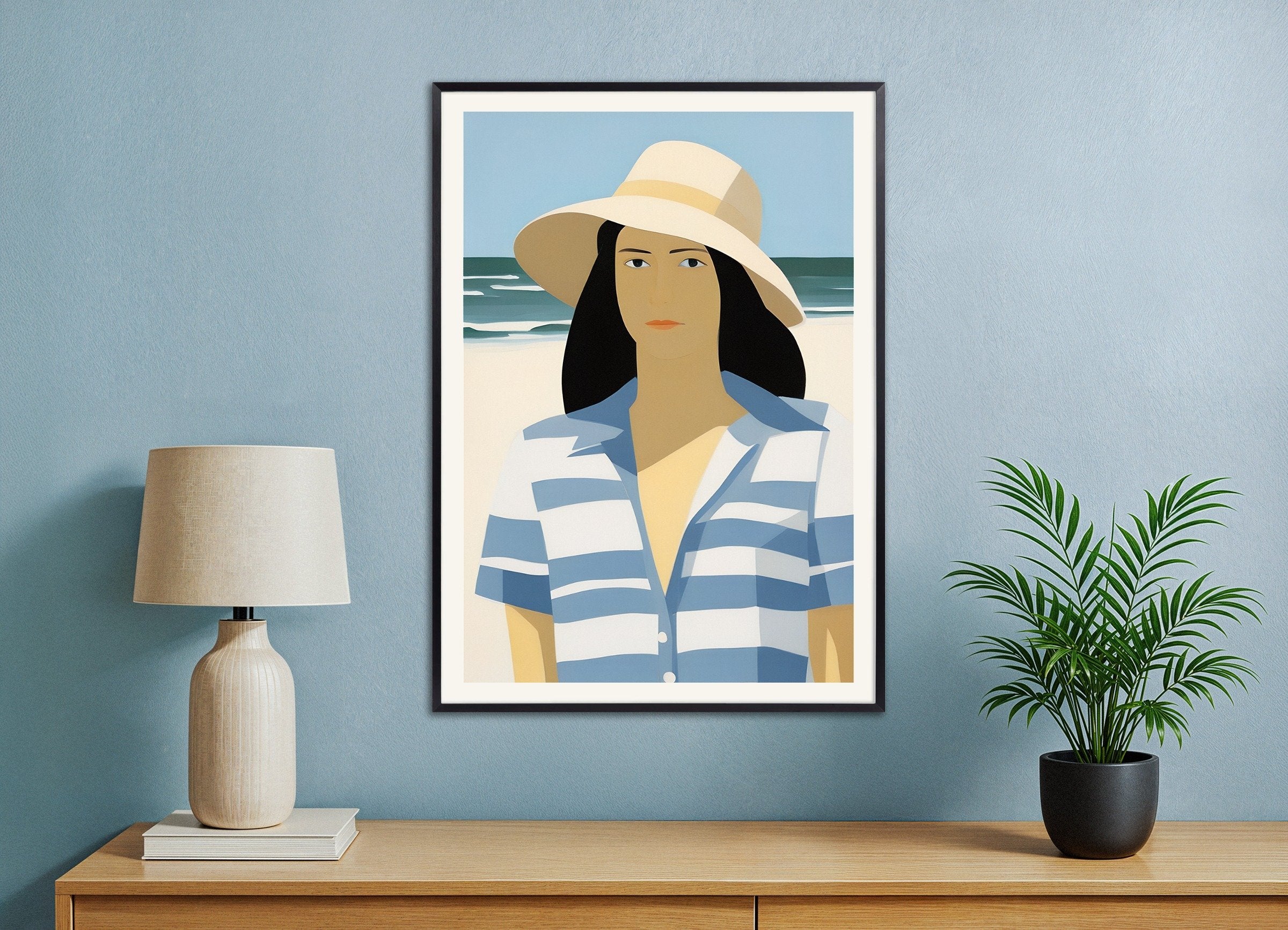 Poster of Vi and Her Hat - Beach Portrait Art Print, with metal frame