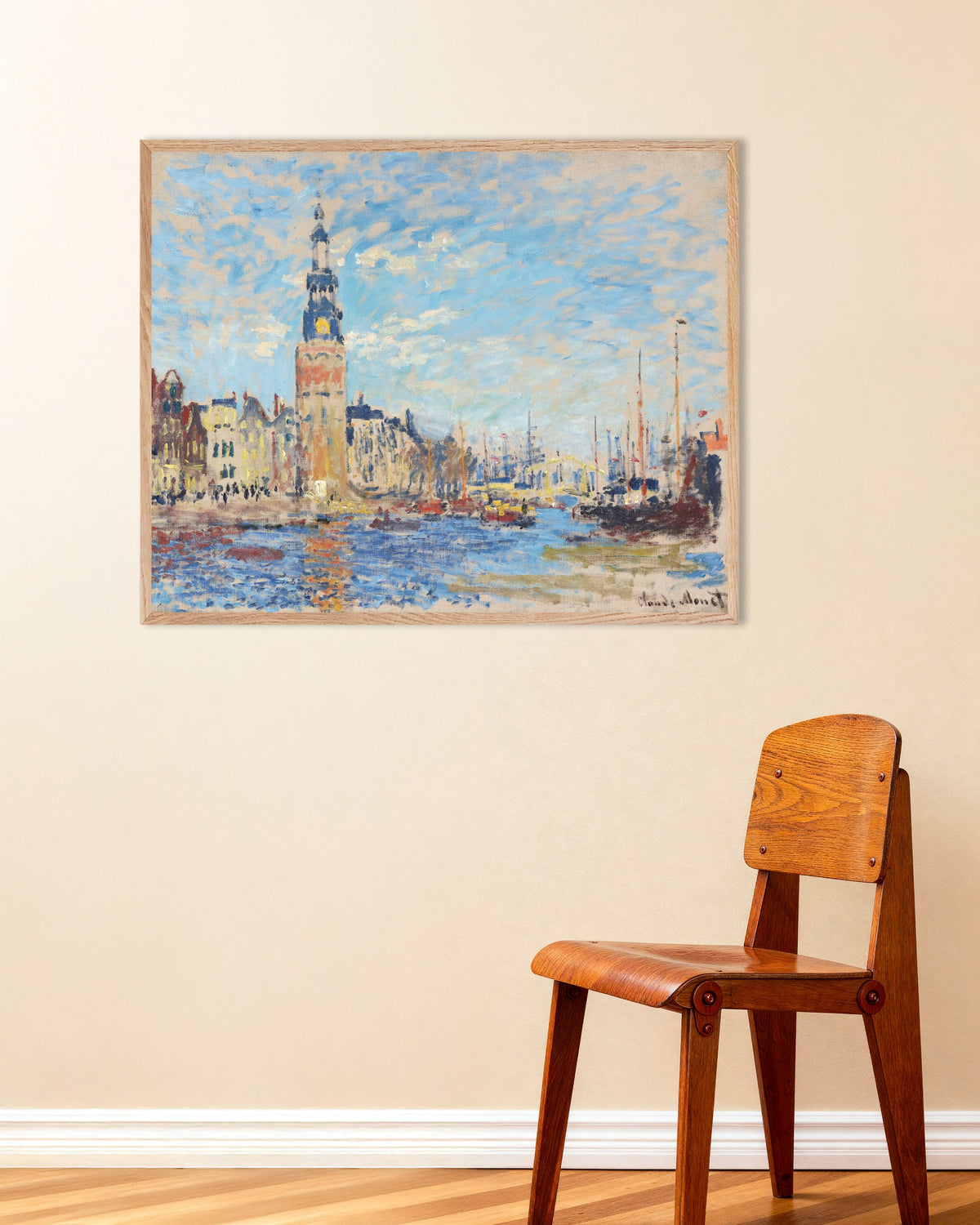 Plakat Widok na wieżę Montelbaanstoren, Amsterdam (1874), Claude Monet, w ramie z naturalnego drewna