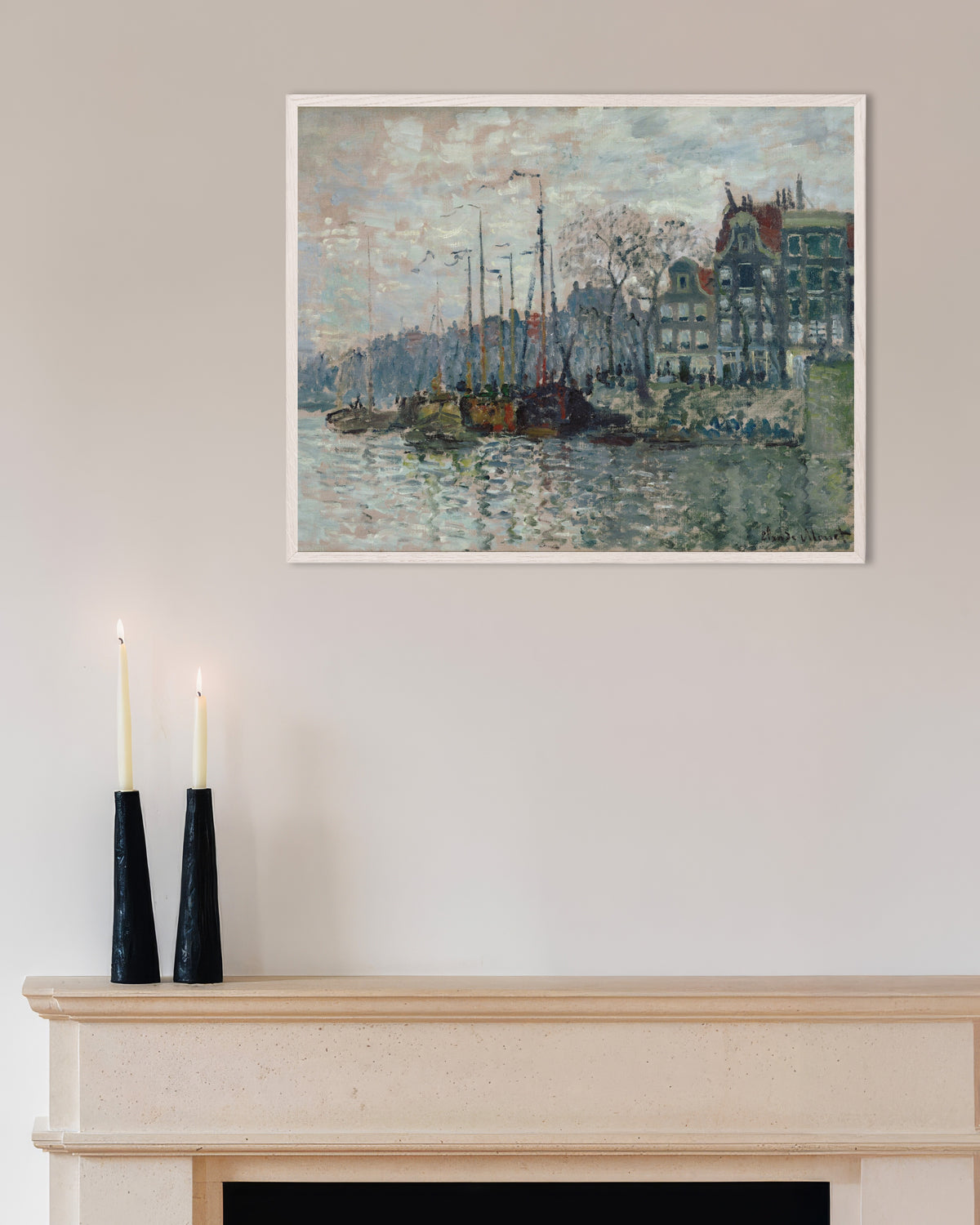 Plakat Widok na Prins Hendrikkade i Kromme Waal w Amsterdamie (1874), Claude Monet, w białej drewnianej ramie