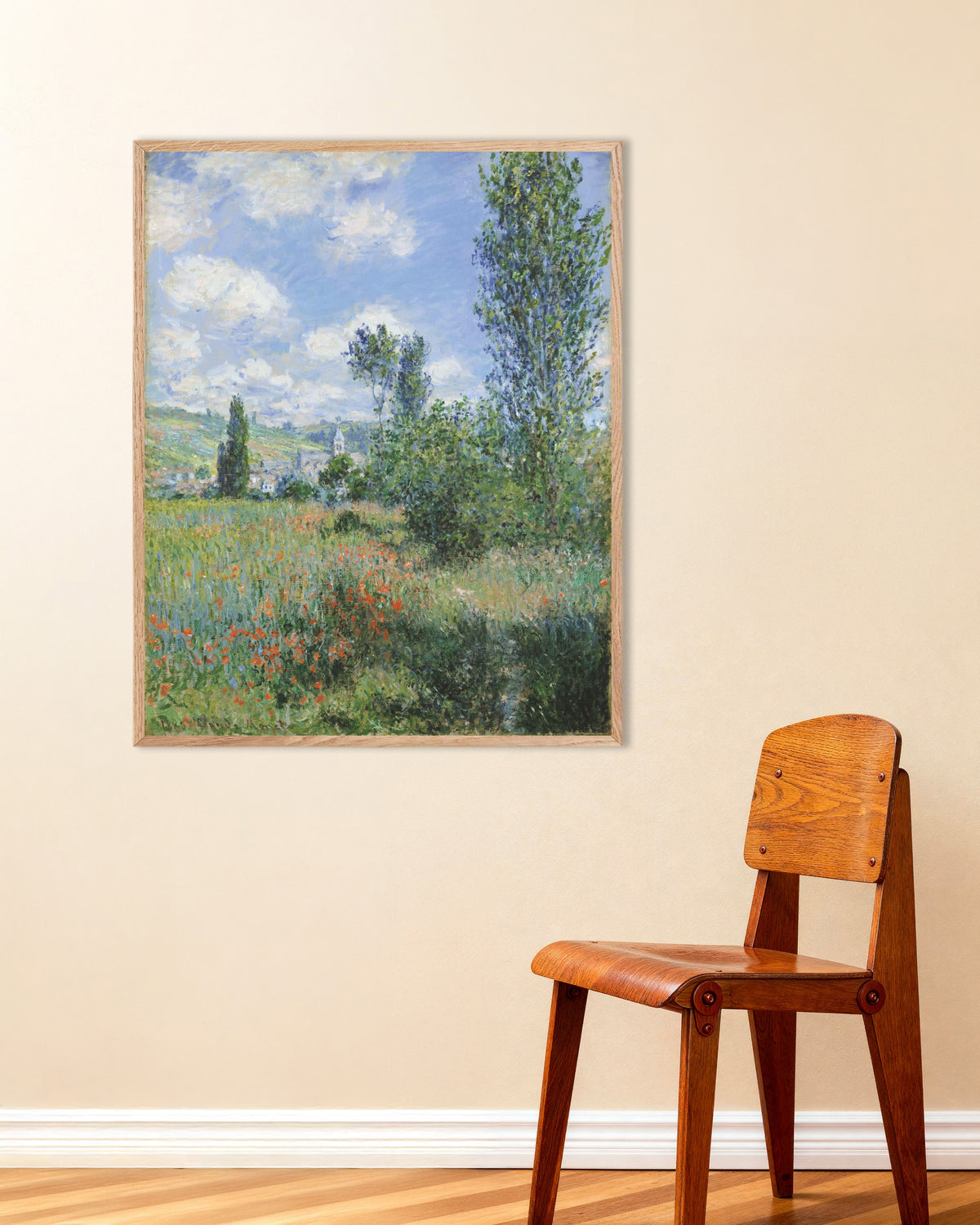 Plakat Widok na Vétheuil (1880), Claude Monet, w ramie z naturalnego drewna