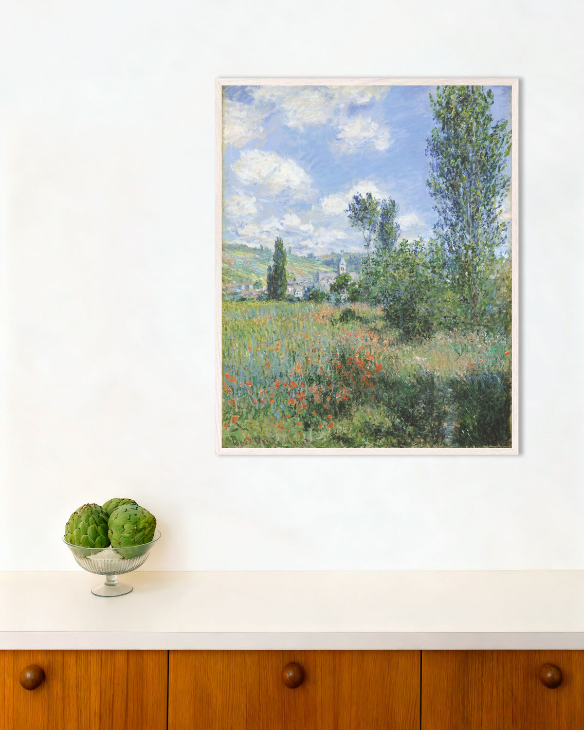 Plakat Widok na Vétheuil (1880), Claude Monet, w białej drewnianej ramie