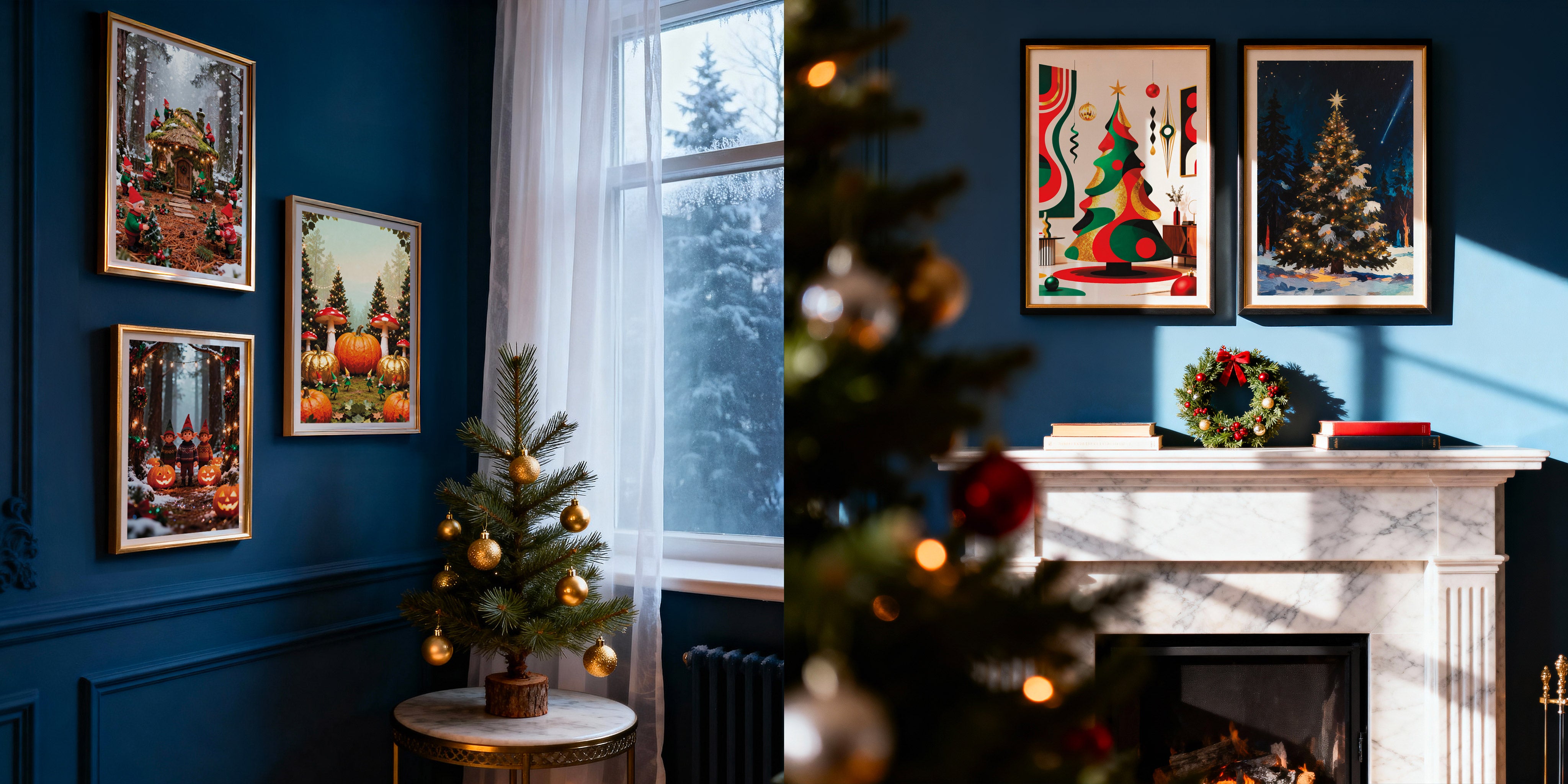 Decorative Christmas-themed wall art on a blue wall with a small tree and window view.