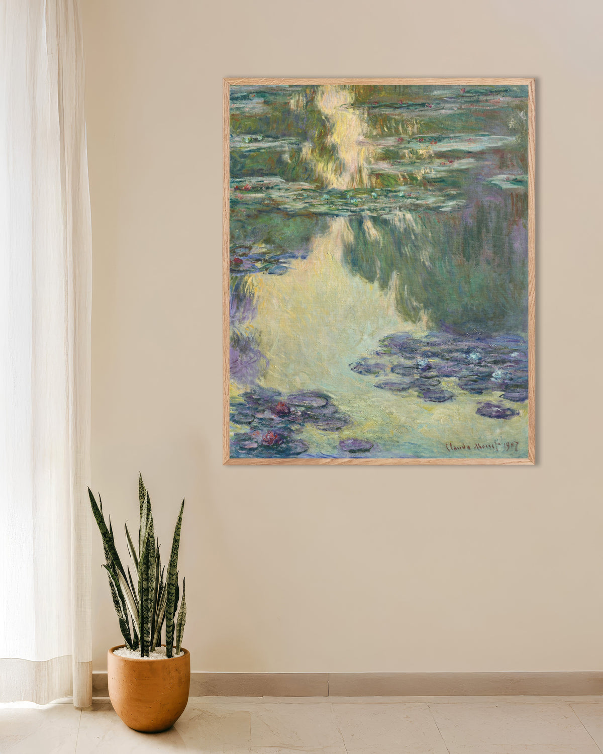 Plakat Nenufary (1907), Claude Monet, w ramie z naturalnego drewna