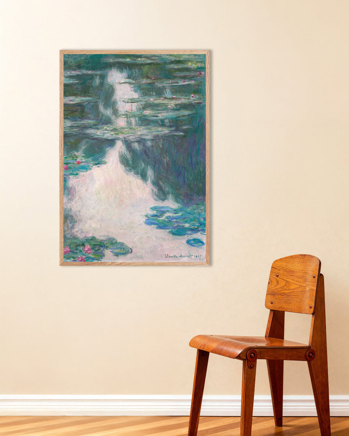 Plakat Nenufary, szara pogoda (1907), Claude Monet, w ramie z naturalnego drewna