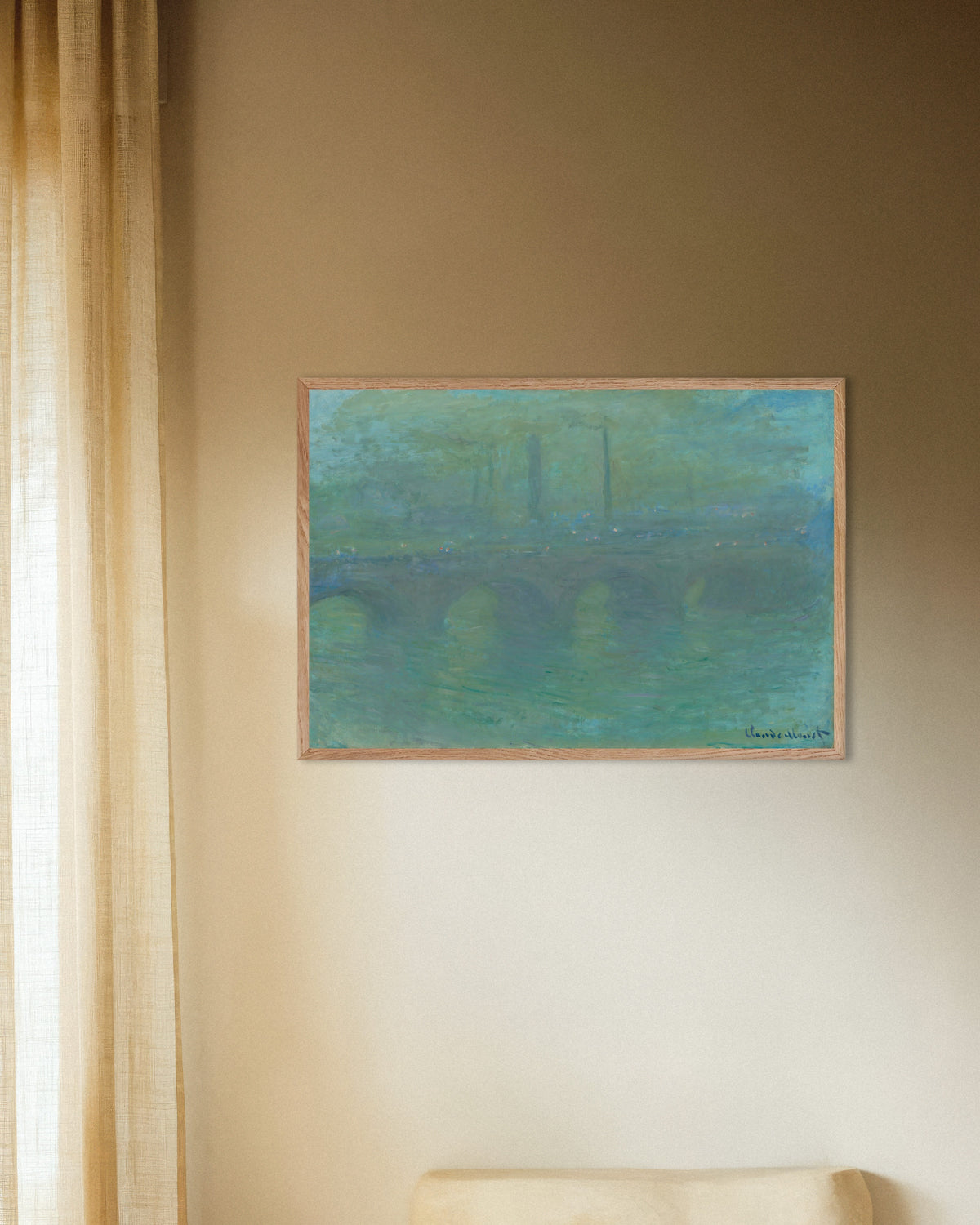 Plakat Most Waterloo w Londynie o zmierzchu (1904), Claude Monet, w ramie z naturalnego drewna