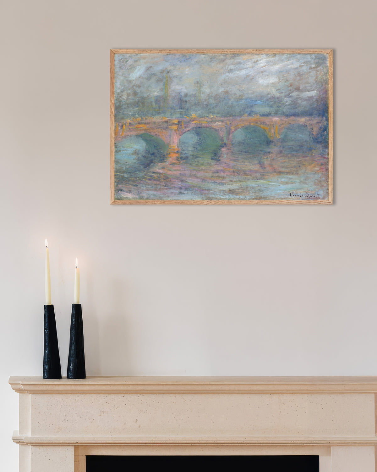Plakat Most Waterloo w Londynie o zachodzie słońca (1904), Claude Monet, w ramie z naturalnego drewna