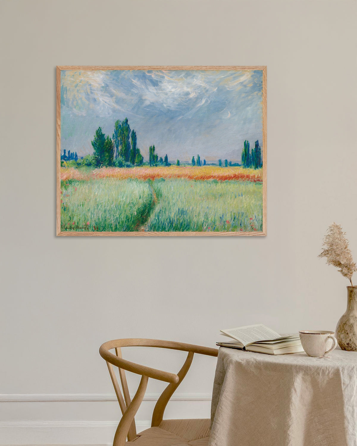 Plakat Pole pszenicy (1881), Claude Monet, w ramie z naturalnego drewna