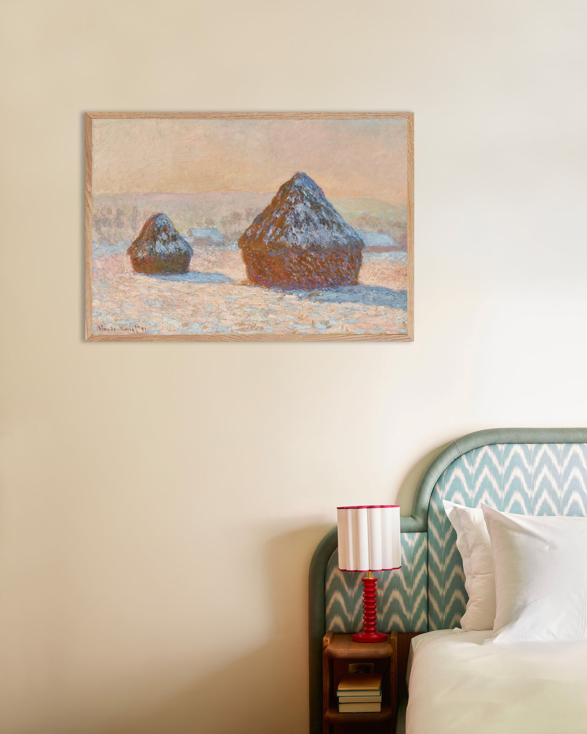 Plakat Stogi, efekt śniegu, poranek (1891), Claude Monet, w ramie z naturalnego drewna