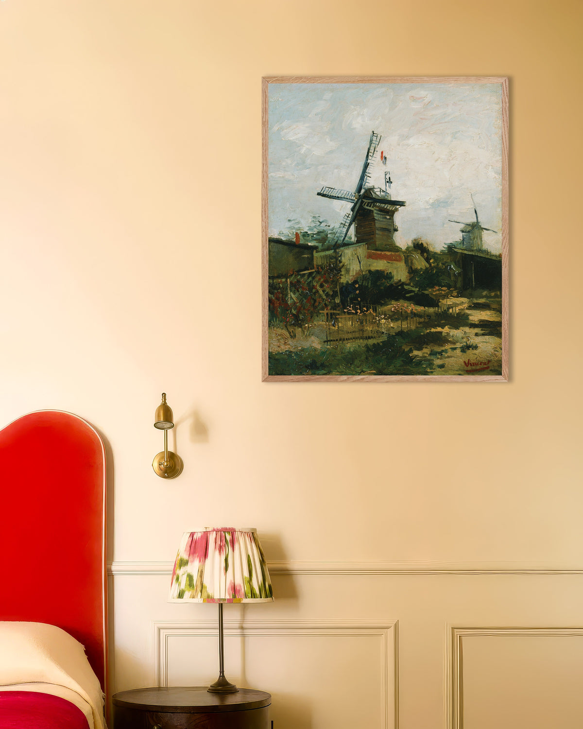 Plakat „Wiatraki na Montmartre (1886), Vincent van Gogh” w ramie z naturalnego drewna