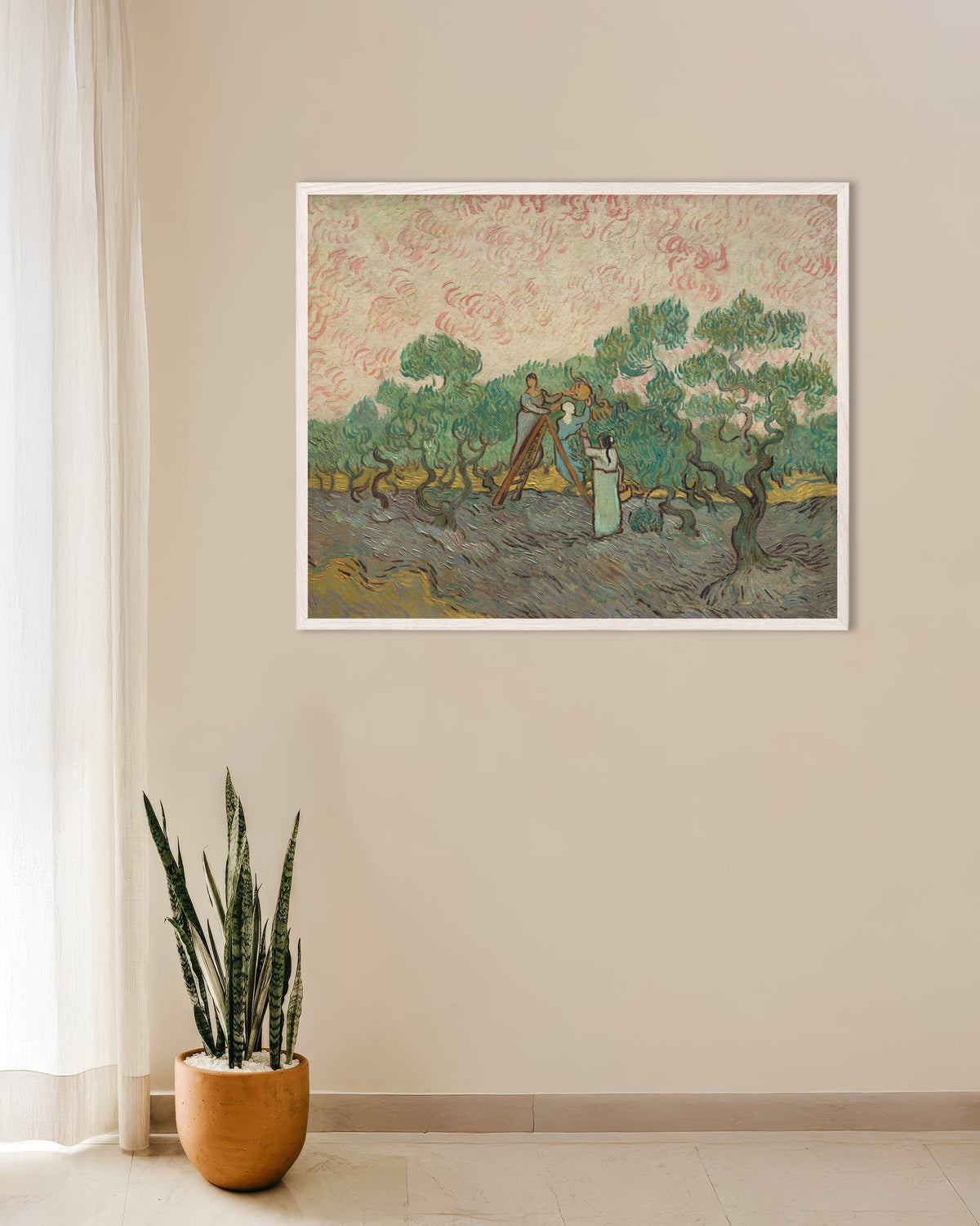 Plakat „Kobiety zbierające oliwki (1889), Vincent van Gogh” w białej drewnianej ramie