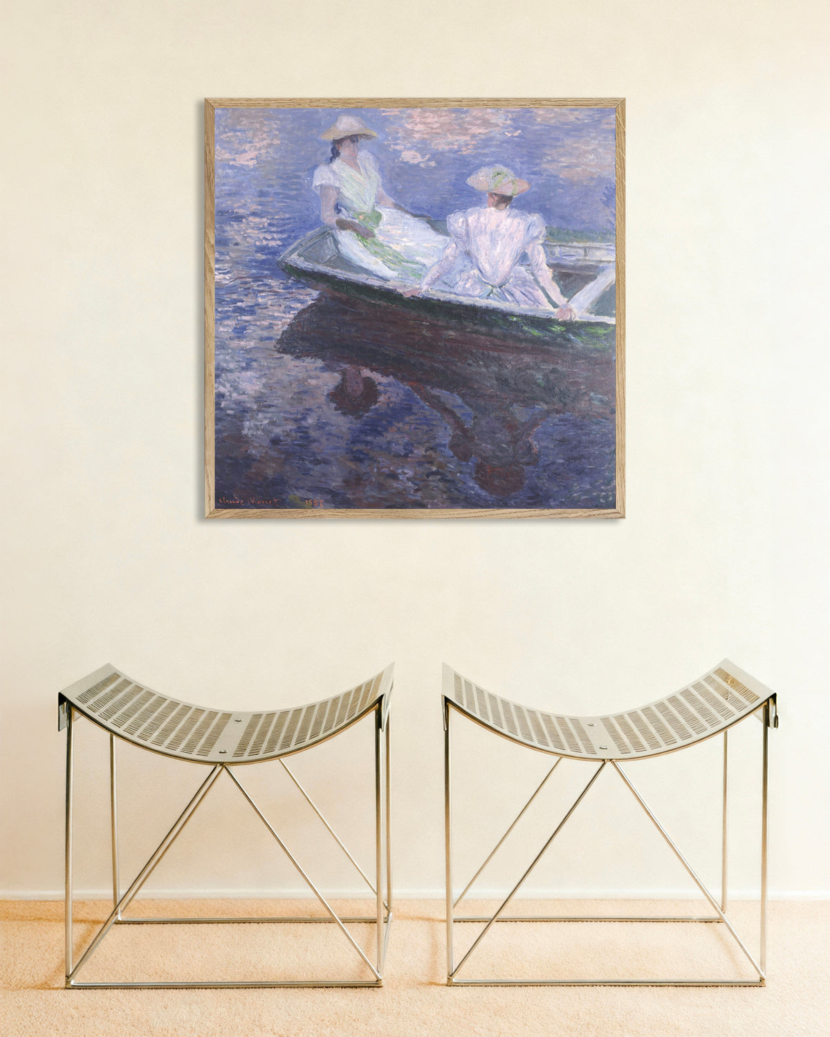 Plakat Dziewczęta w łodzi (1887), Claude Monet, w ramie z naturalnego drewna