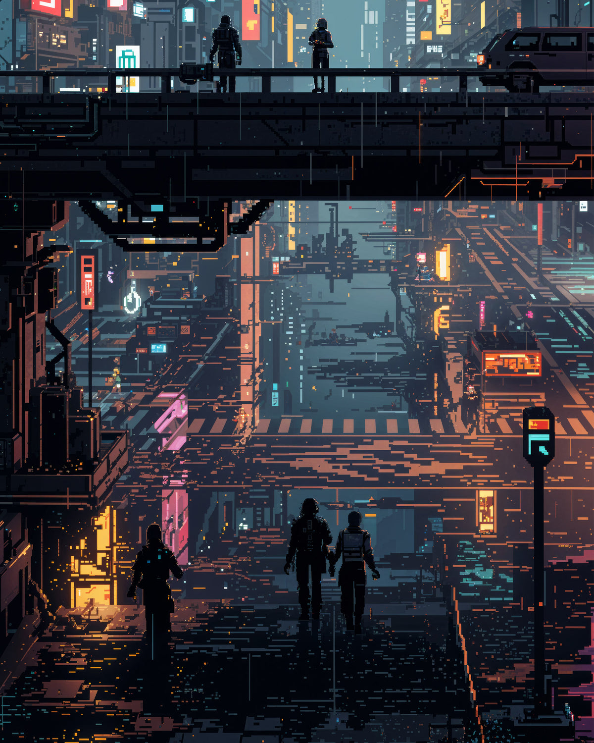 Futurystyczna scena cyberpunkowego miasta z sylwetkami przechodniów idących pod podwyższonymi przejściami i świecącymi neonami w odcieniach błękitu, różu, pomarańczu i żółci.
