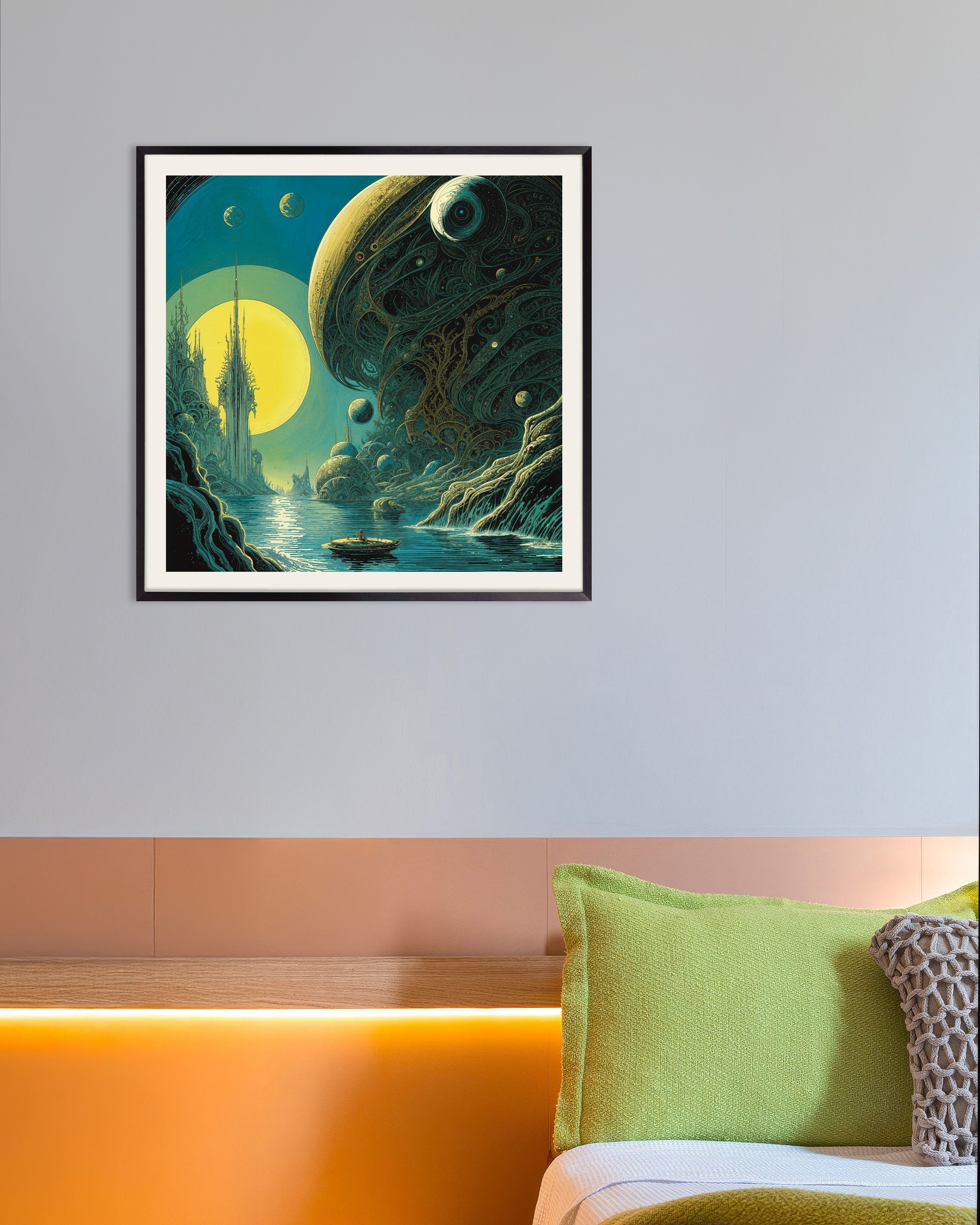 Poster of Aquatic Symbiosis - Cosmic Leviathan Over Tidal City - Poster, with metal frame