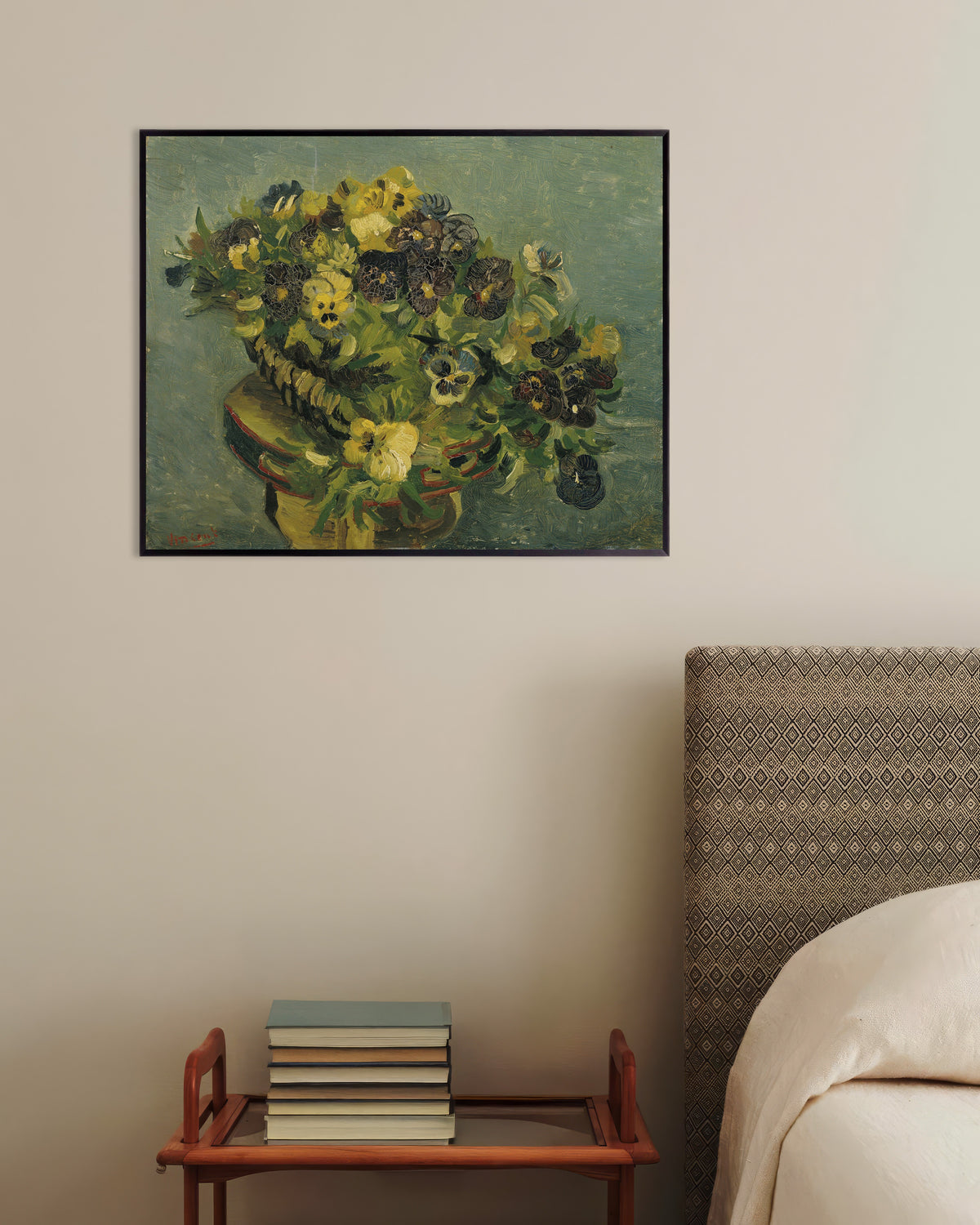 Plakat „Koszyk z bratkami na małym stoliku (1887), Vincent van Gogh” w metalowej ramie