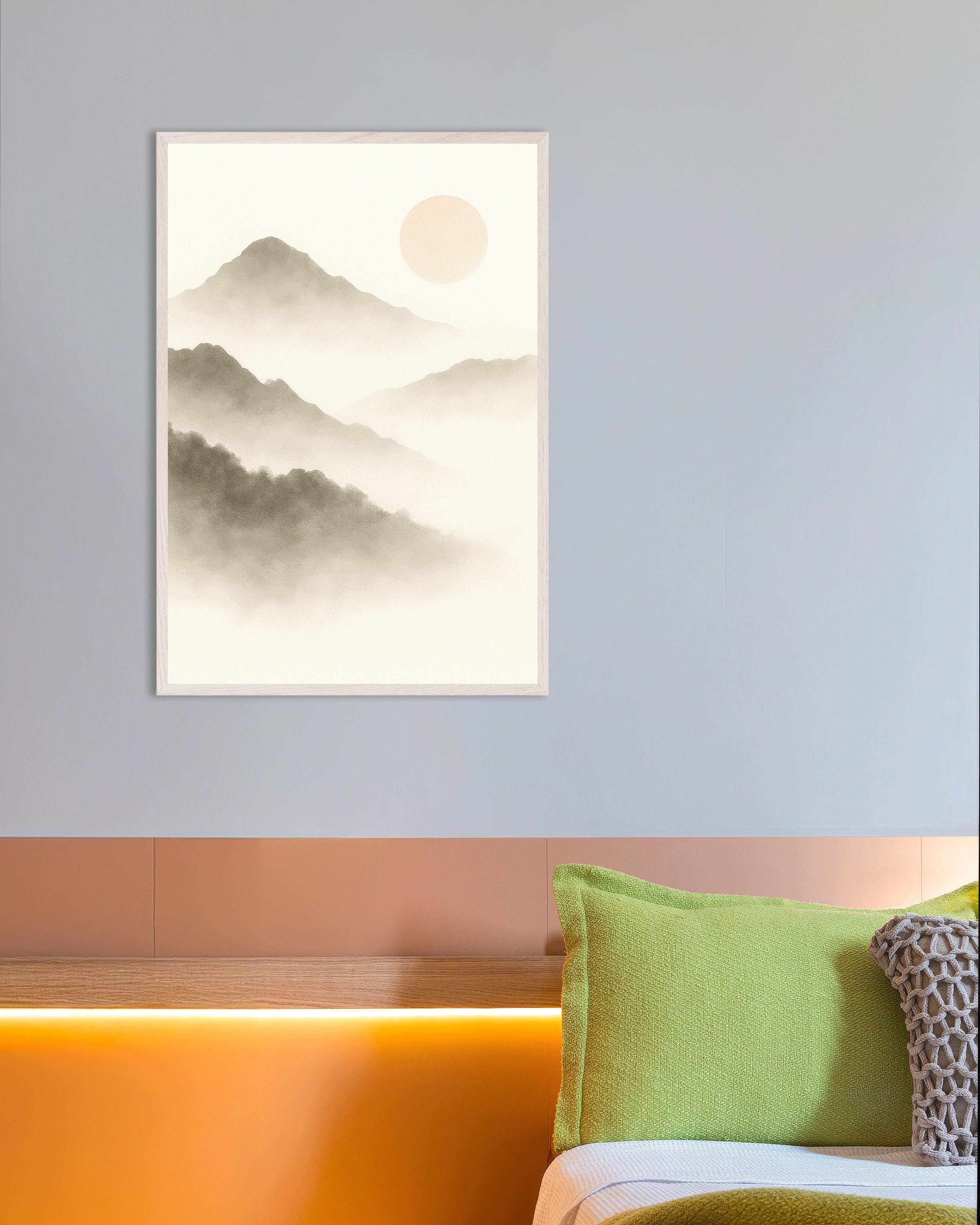 Poster of Beige mountain landscape art print, with white wooden frame