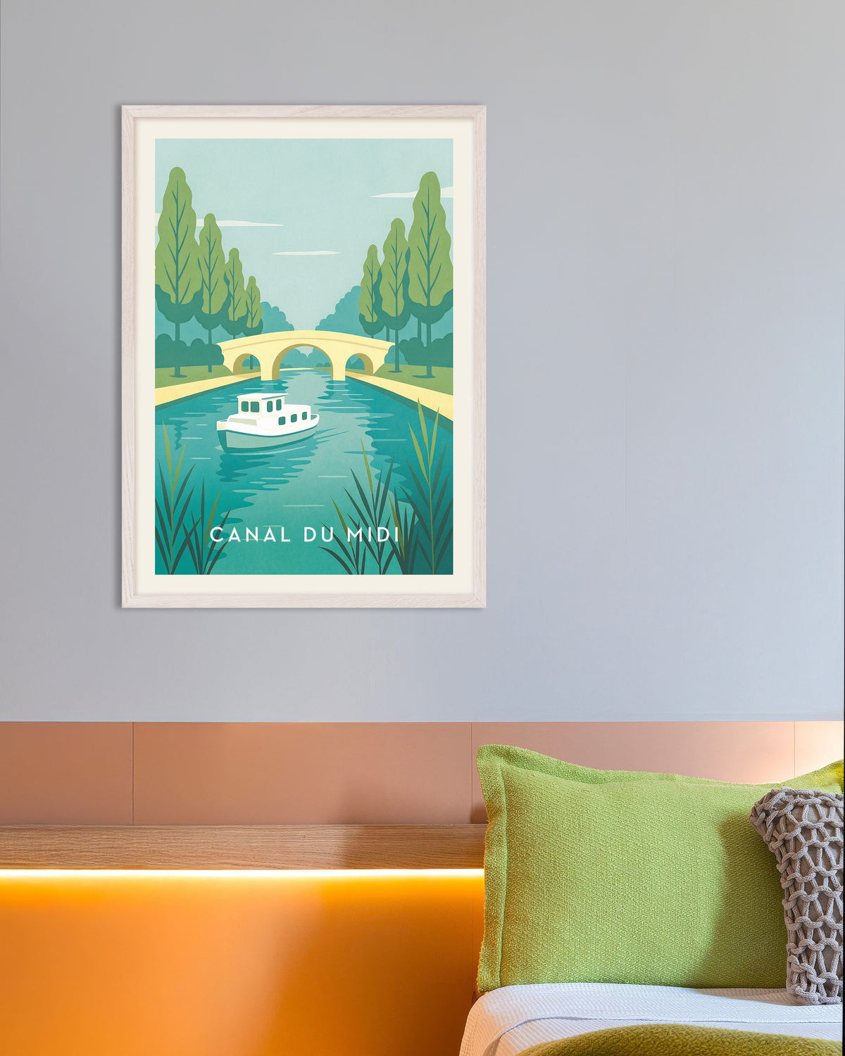 „Plakat podróżniczy Canal du Midi. Francuski szlak wodny” w białej drewnianej ramie