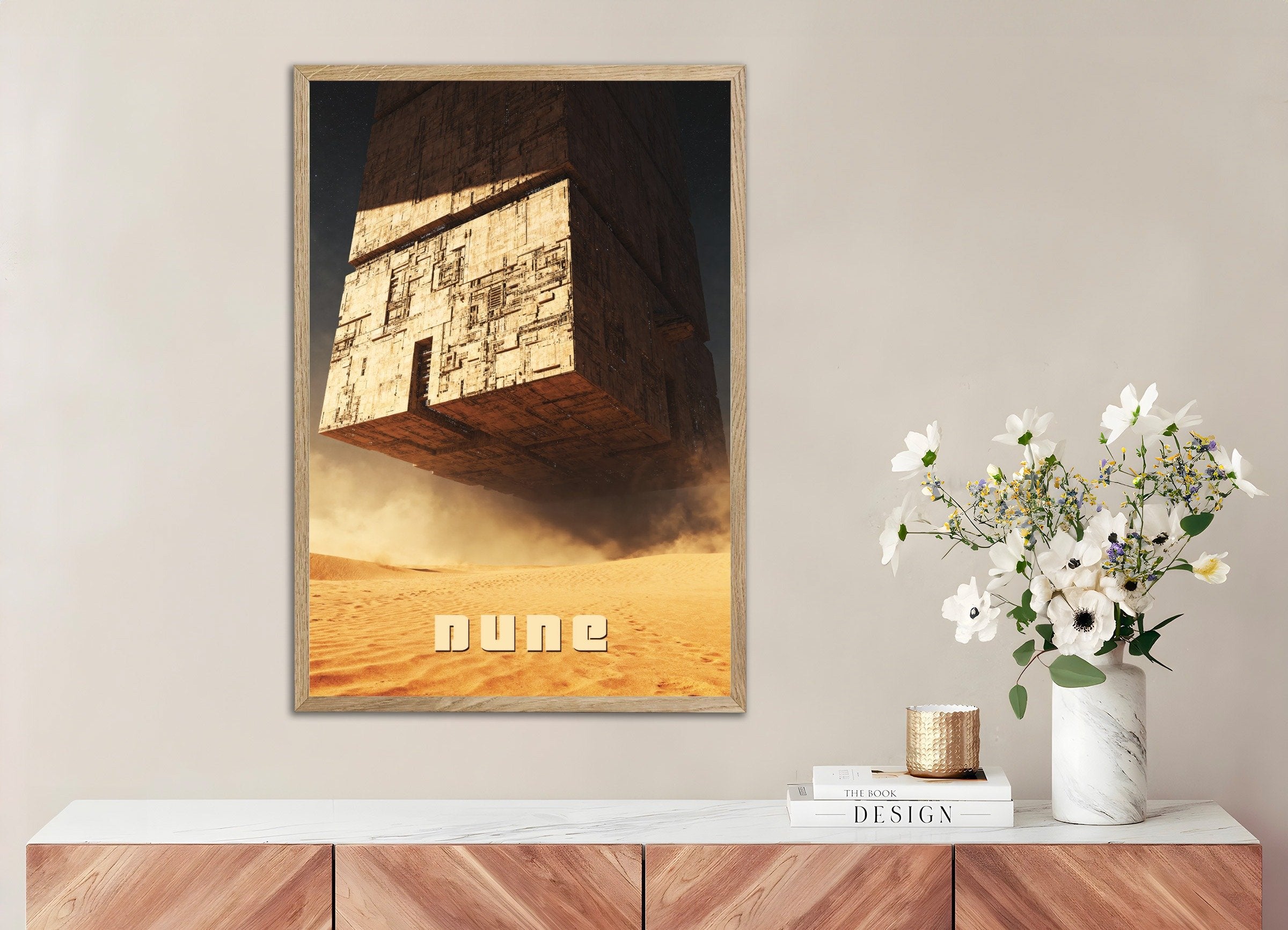 Poster of Colossal Desert Cube, Dune, Sci-Fi Megastructure Art Print, with natural wooden frame