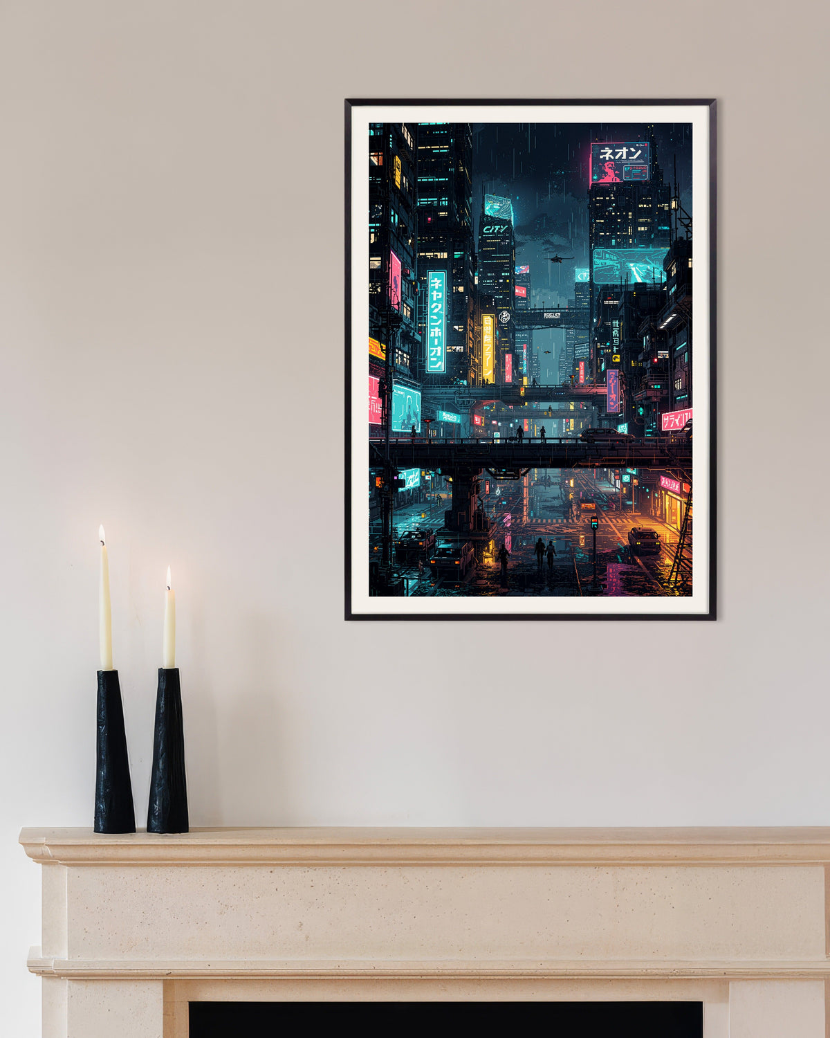 Plakat „Cyberpunkowe japońskie miasto w pikselowej stylistyce, plakat” w metalowej ramie