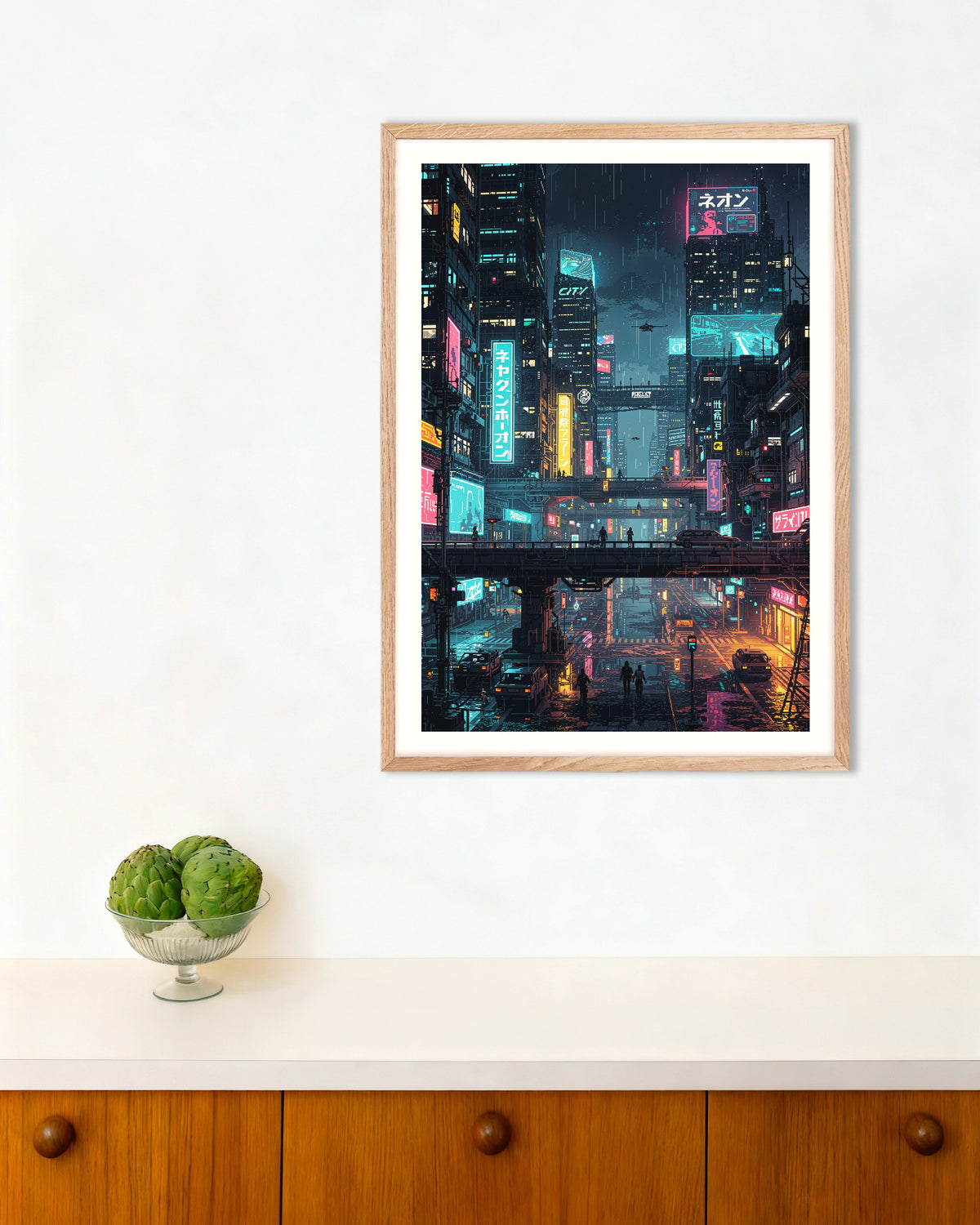 Plakat „Cyberpunkowe japońskie miasto w pikselowej stylistyce, plakat” w naturalnej drewnianej ramie