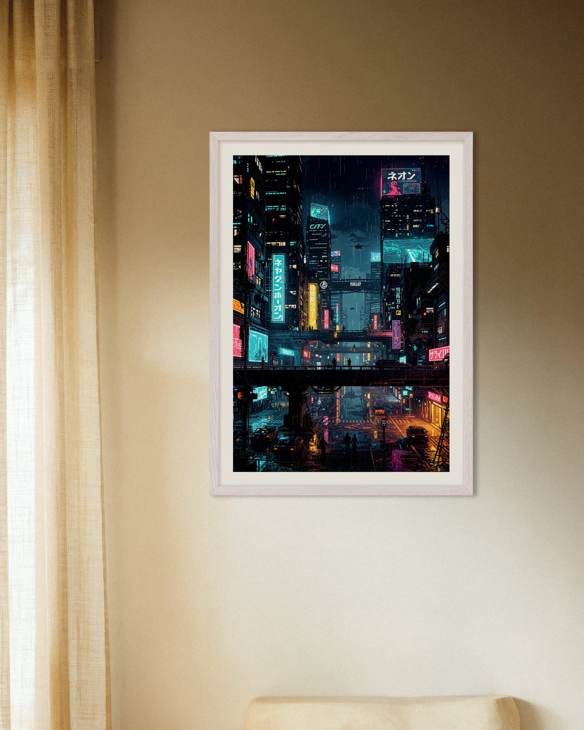 Plakat „Cyberpunkowe japońskie miasto w pikselowej stylistyce, plakat” w białej drewnianej ramie