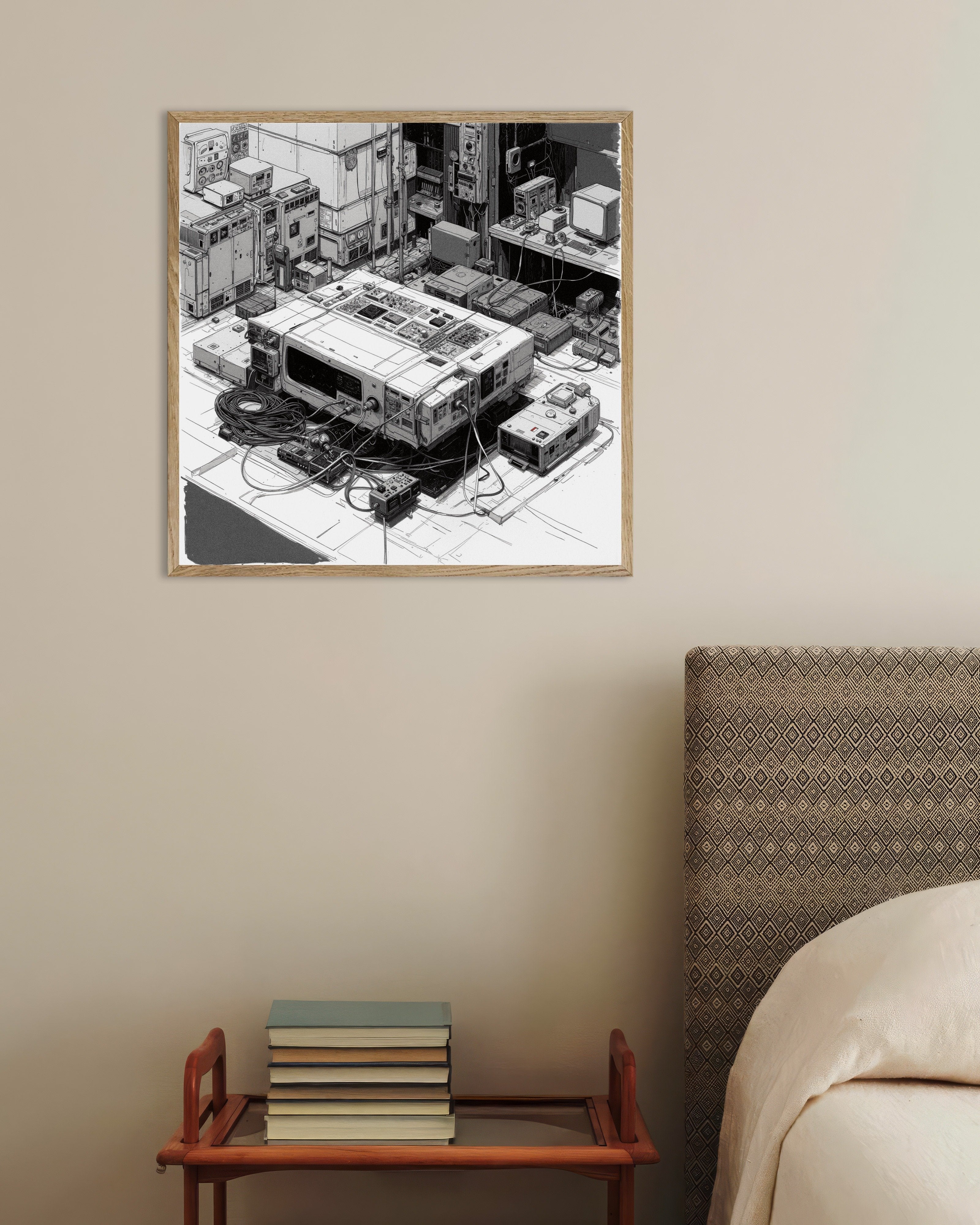 Poster of Dark cyberpunk console station illustration, with natural wooden frame