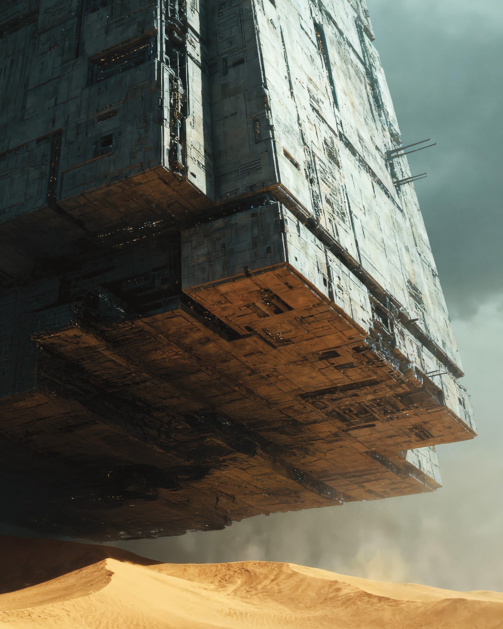 Plakat unoszącej się megastruktury, Diuna, plakat science fiction z pustynią