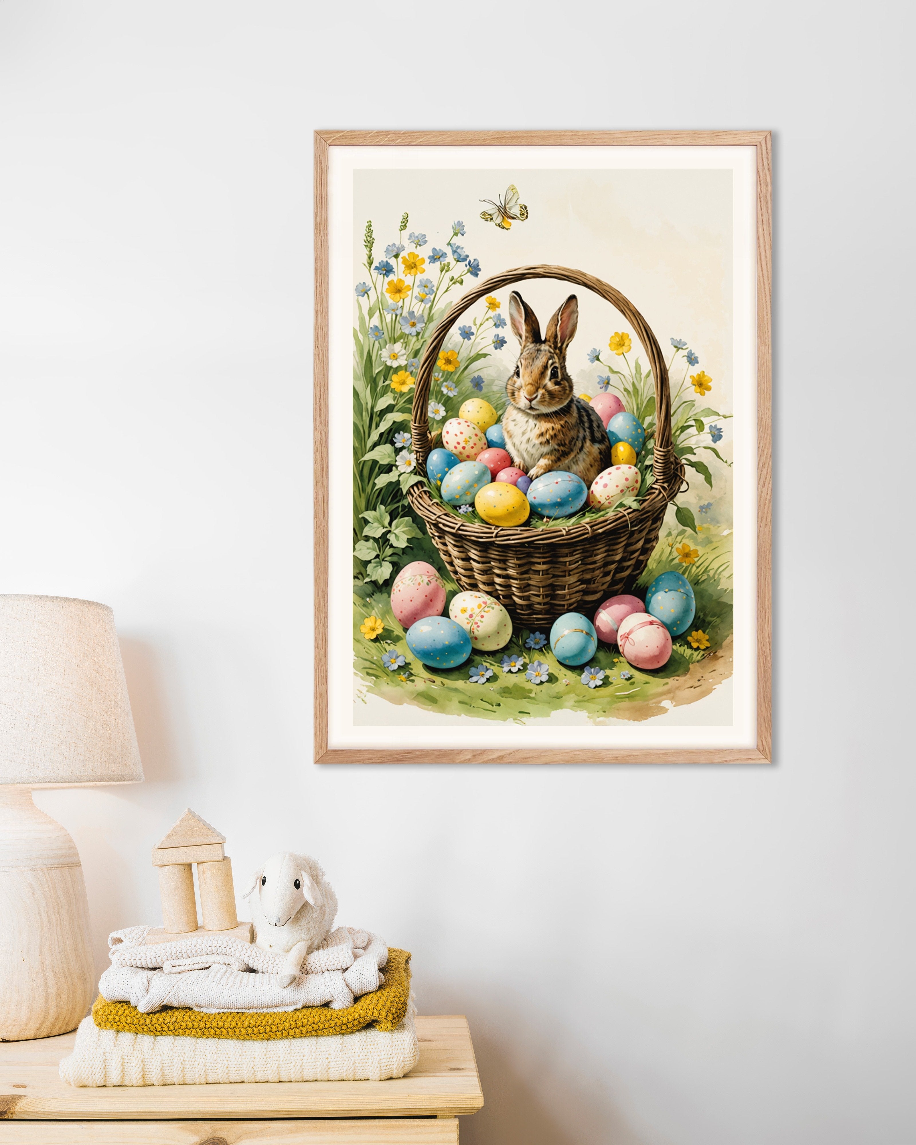 Poster of Easter eggs and rabbit in a basket, with natural wooden frame