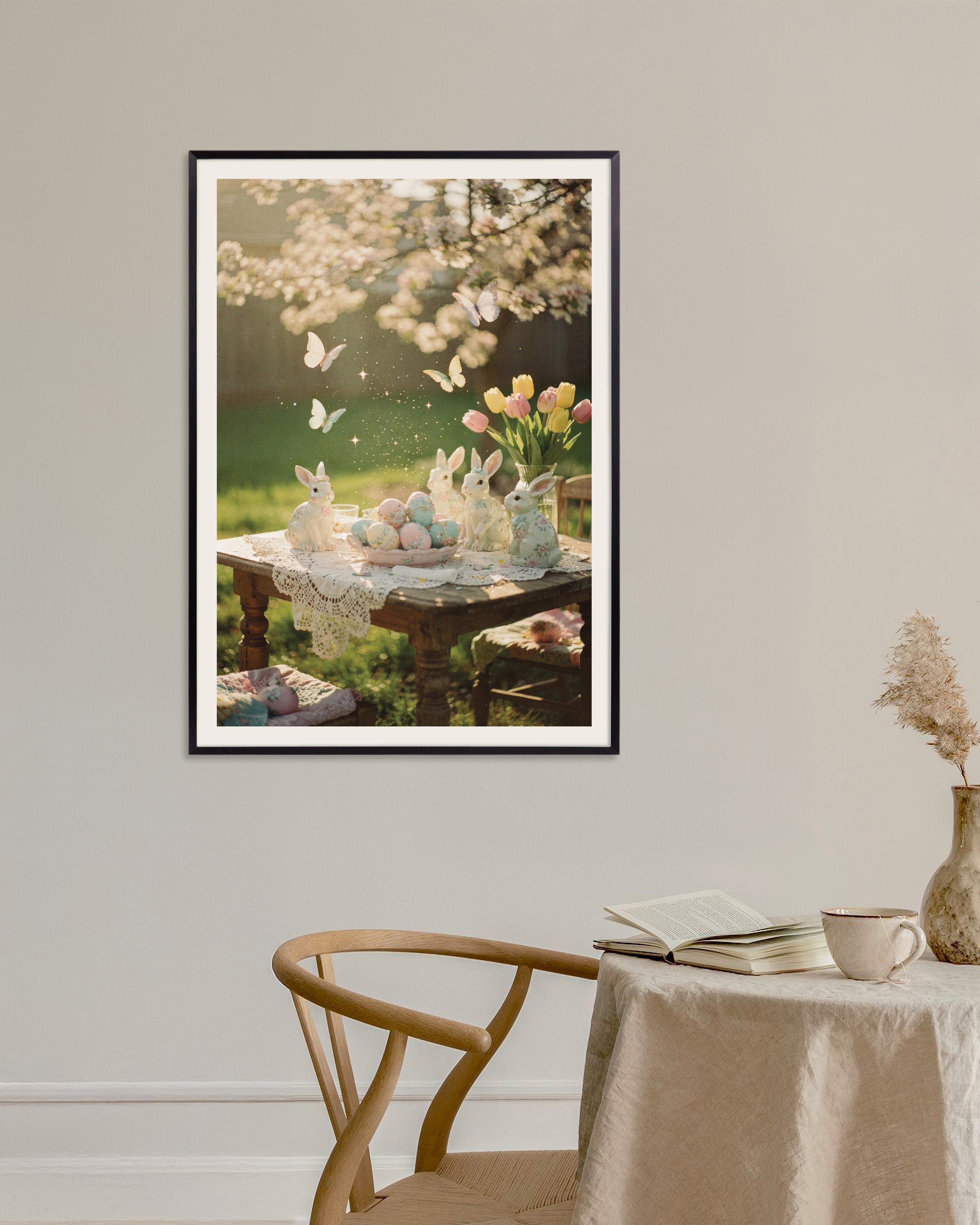 Poster of Easter Garden Bunnies & Pastel Eggs Poster, with metal frame