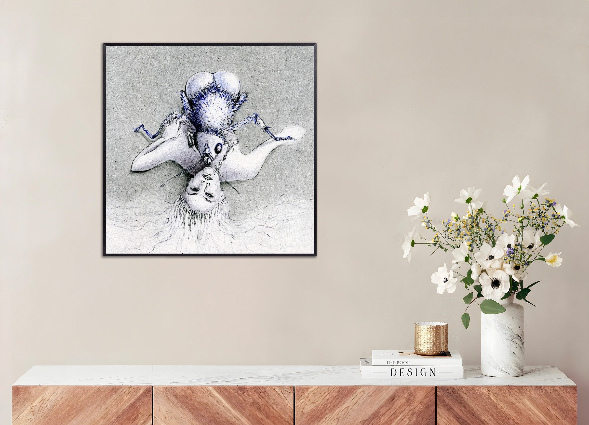 Poster of Ero Guro - The woman and the fly – Poster - Ballpoint pen art, with metal frame