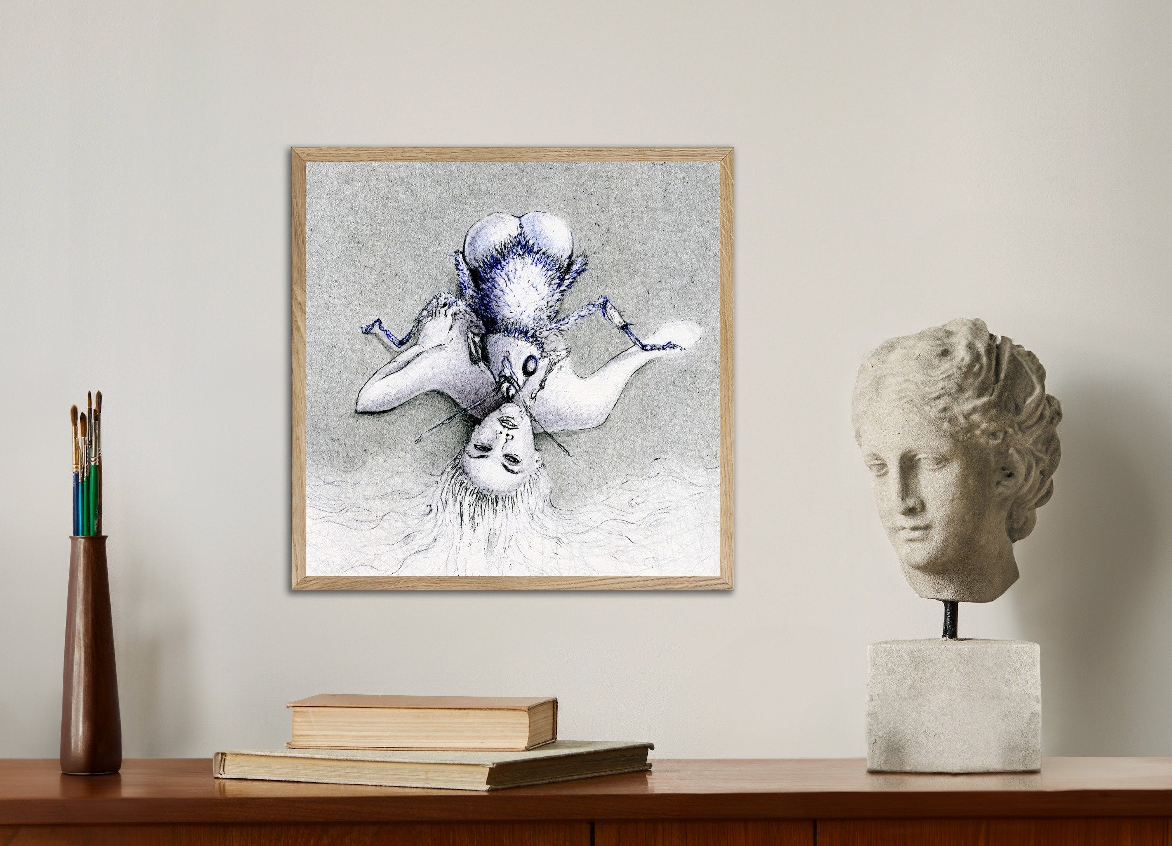 Poster of Ero Guro - The woman and the fly – Poster - Ballpoint pen art, with natural wooden frame