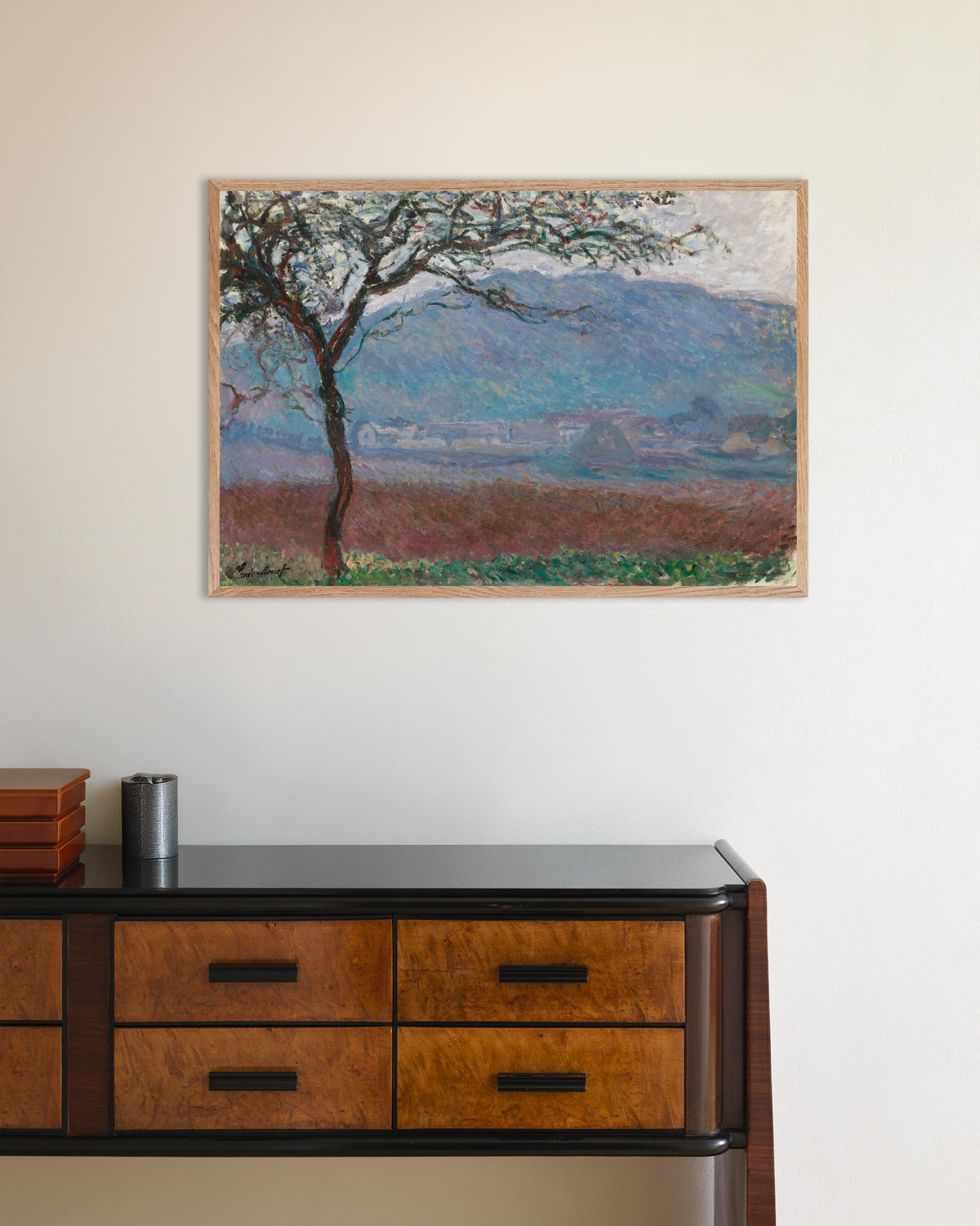 Plakat Pole w Giverny (1887), Claude Monet, w ramie z naturalnego drewna