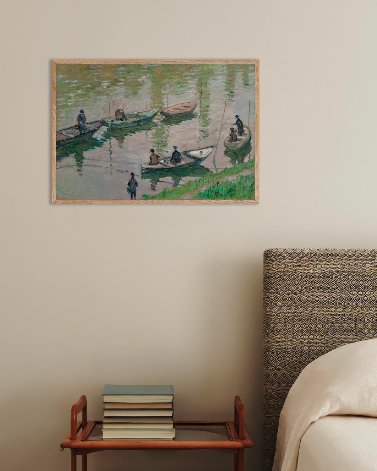 Plakat Wędkarze na Sekwanie w Poissy (1882), Claude Monet, w ramie z naturalnego drewna