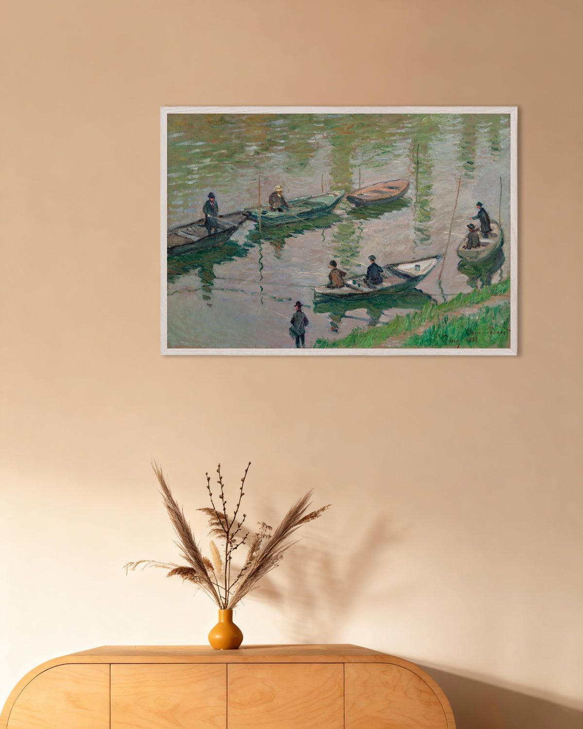 Plakat Wędkarze na Sekwanie w Poissy (1882), Claude Monet, w białej drewnianej ramie