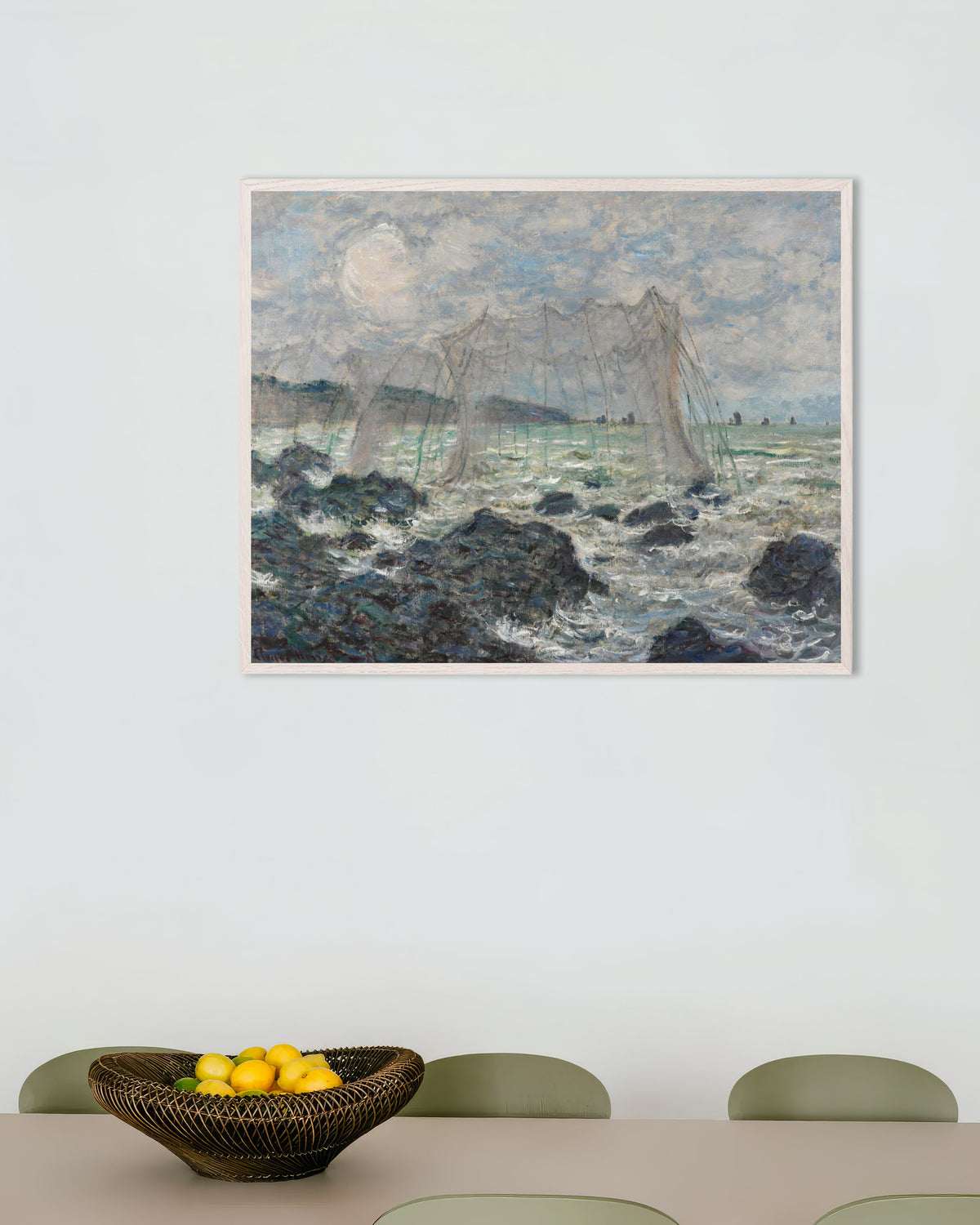 Plakat Sieci rybackie w Pourville (1882), Claude Monet, w białej drewnianej ramie