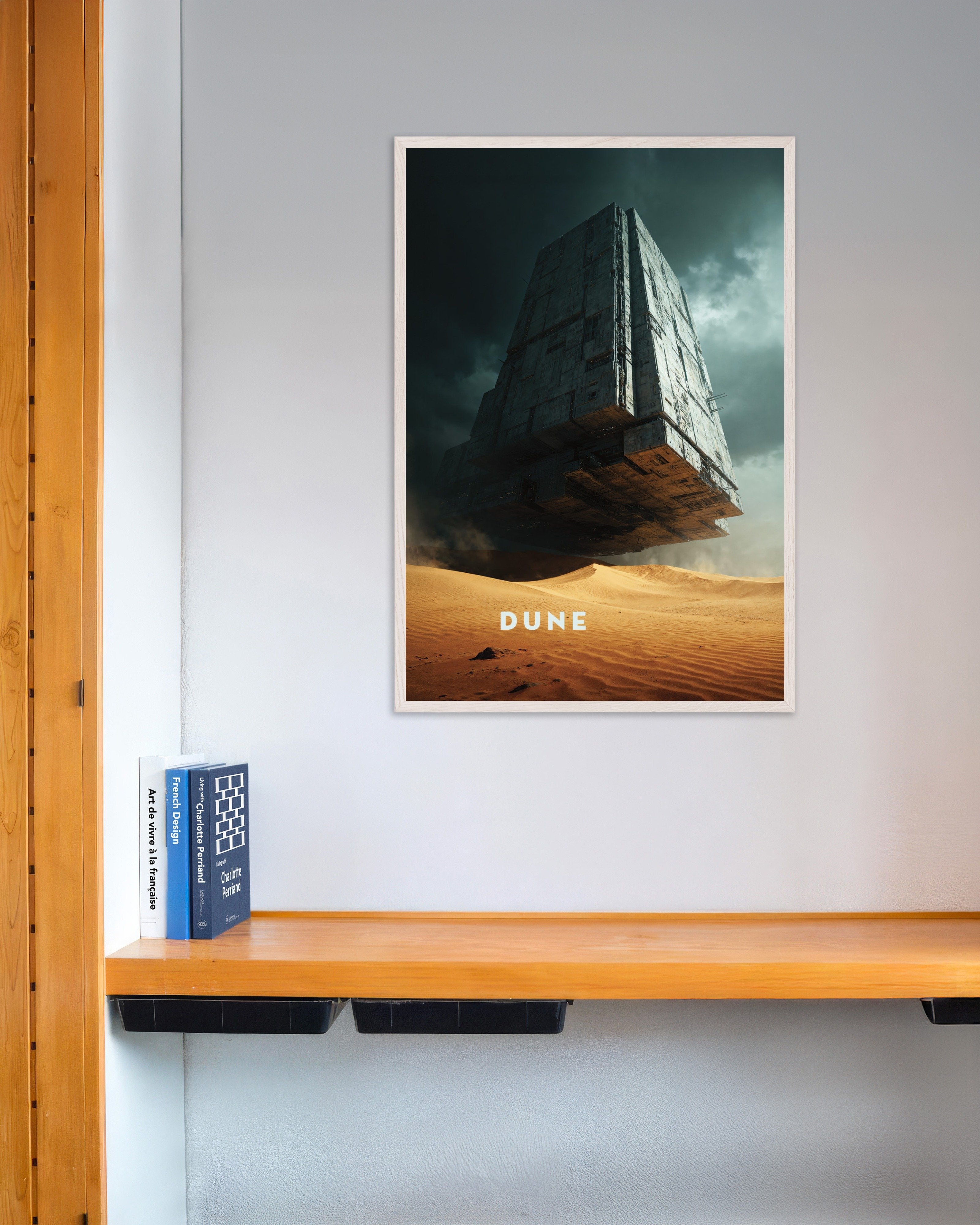 Poster of Floating Megastructure Poster, Sci-Fi Desert Art Print, with white wooden frame