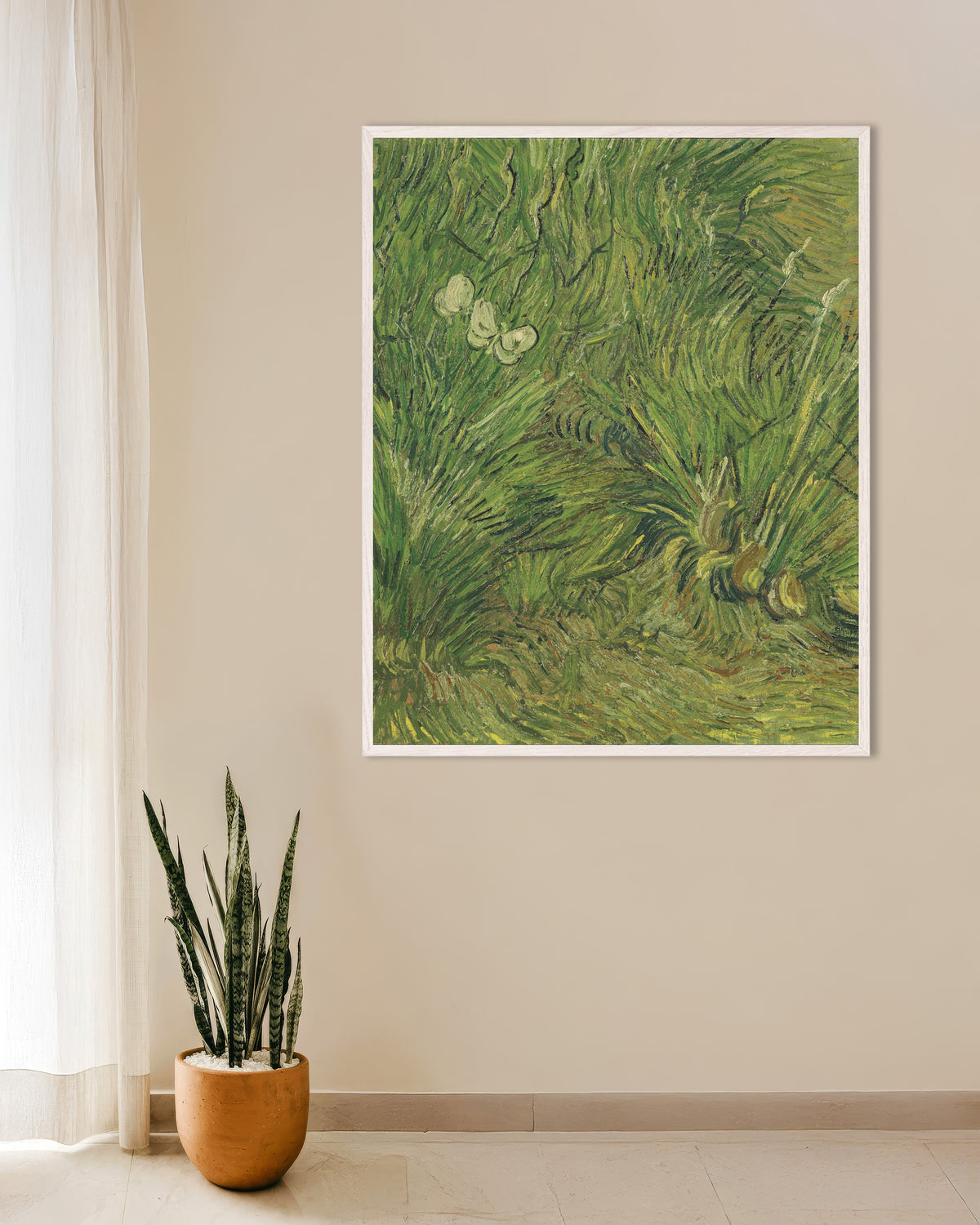 Plakat „Ogród z motylami (1889), Vincent van Gogh” w białej drewnianej ramie